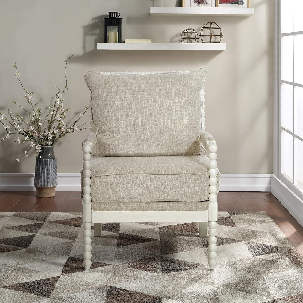 OSP Home Furnishings Kaylee Spindle Accent Chair with Antique White Wood Frame, Beige Linen Fabric