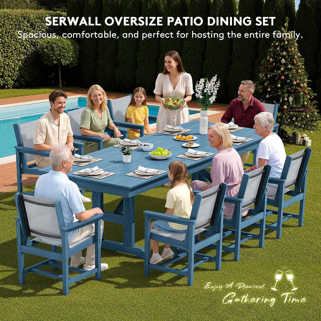 SERWALL 9 Piece Outdoor Dining Set, 84' HDPE Outdoor Large Table and Textilene Sling Chairs for 8，All Weather Patio Dining Furniture Set with Umbrella Hole for Backyard, Garden, Blue