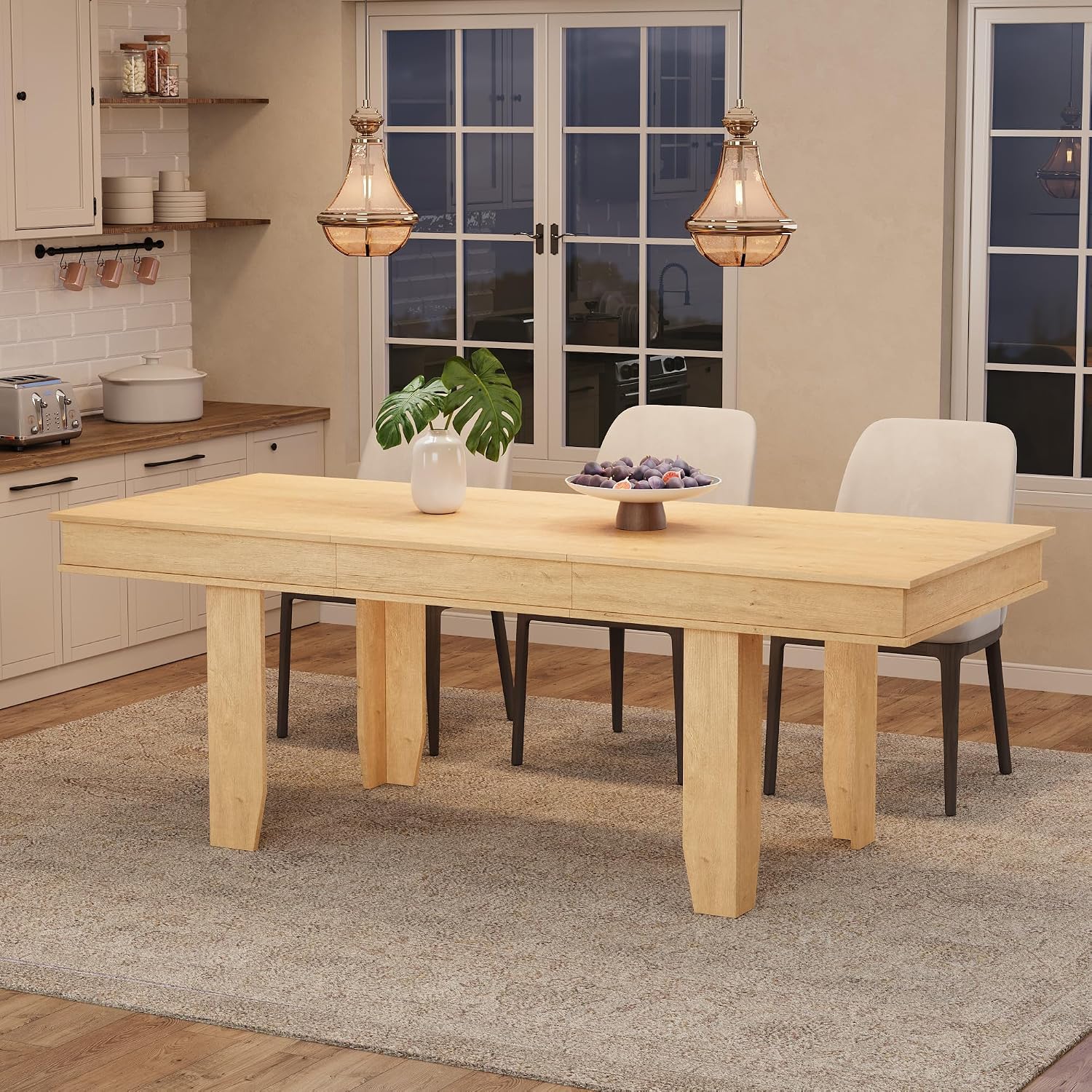 GarveeHome 63 in-86.6 in Extendable Dining Room Table for 6-10, Farmhouse Kitchen Tables w/Wooden Sturdy Frame, Large Rectangular Dinner Table for Dining Room, Kitchen