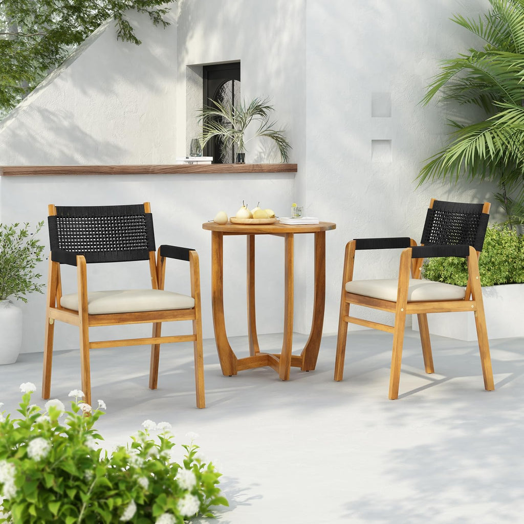 Christopher Knight Home Zed 3 Pieces Outdoor Dining Set, Acacia Wood Dining Chairs and Table, Slats Panel Design Round Table, Wooden Frame, 2 Seater Bistro Set for Balcony Backyard Garden, Teak+Black