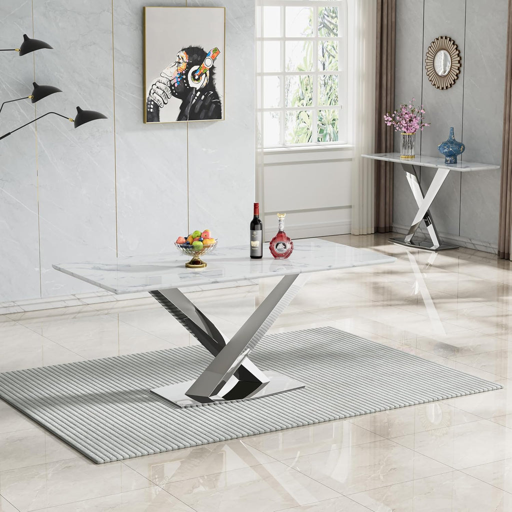 70' White Marble Dining Table for 4 to 6, Modern Faux Marble Kitchen Table with Silver X Shape Stainless Steel Pedestal, Luxury Rectangular Kitchen Dining Room Table for Breakfast Dinette Dinner Party