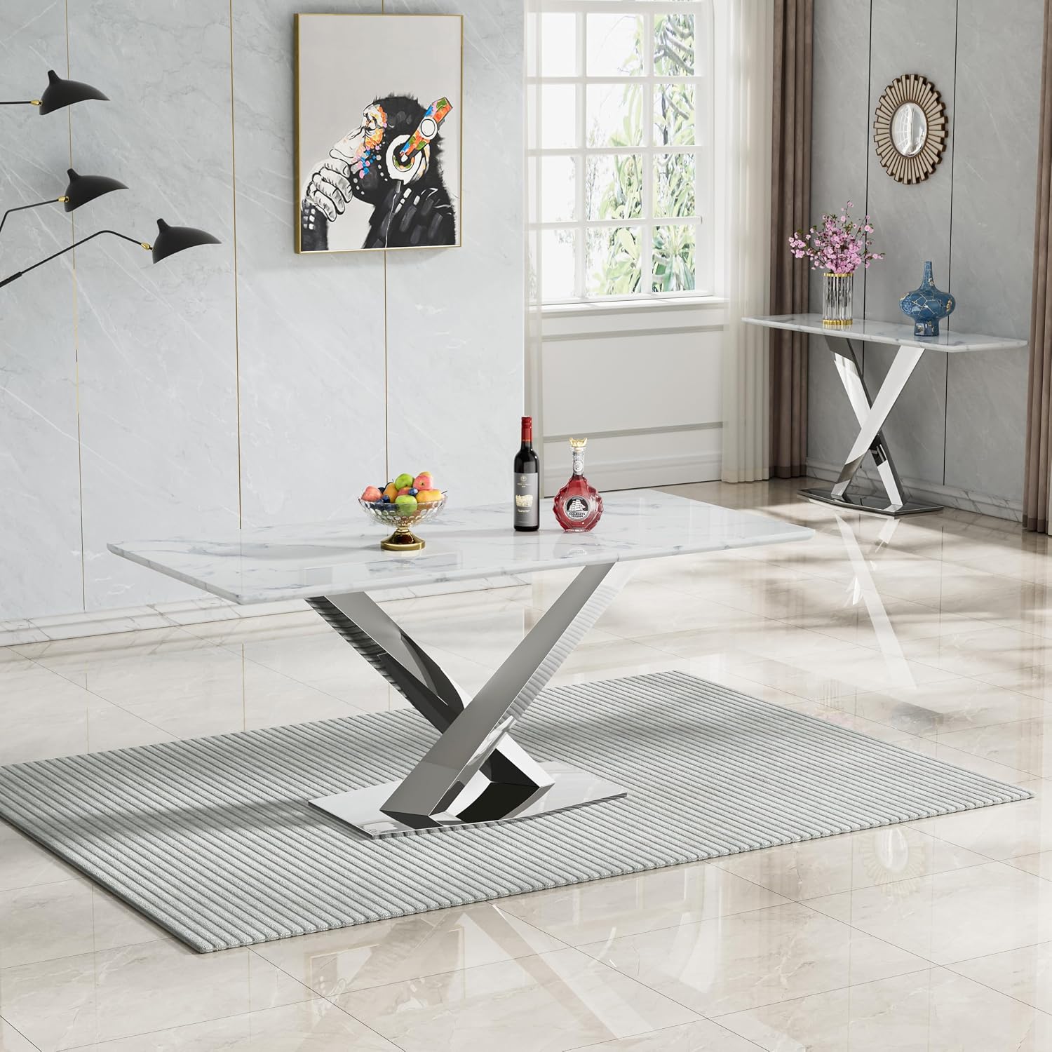 70' White Marble Dining Table for 4 to 6, Modern Faux Marble Kitchen Table with Silver X Shape Stainless Steel Pedestal, Luxury Rectangular Kitchen Dining Room Table for Breakfast Dinette Dinner Party