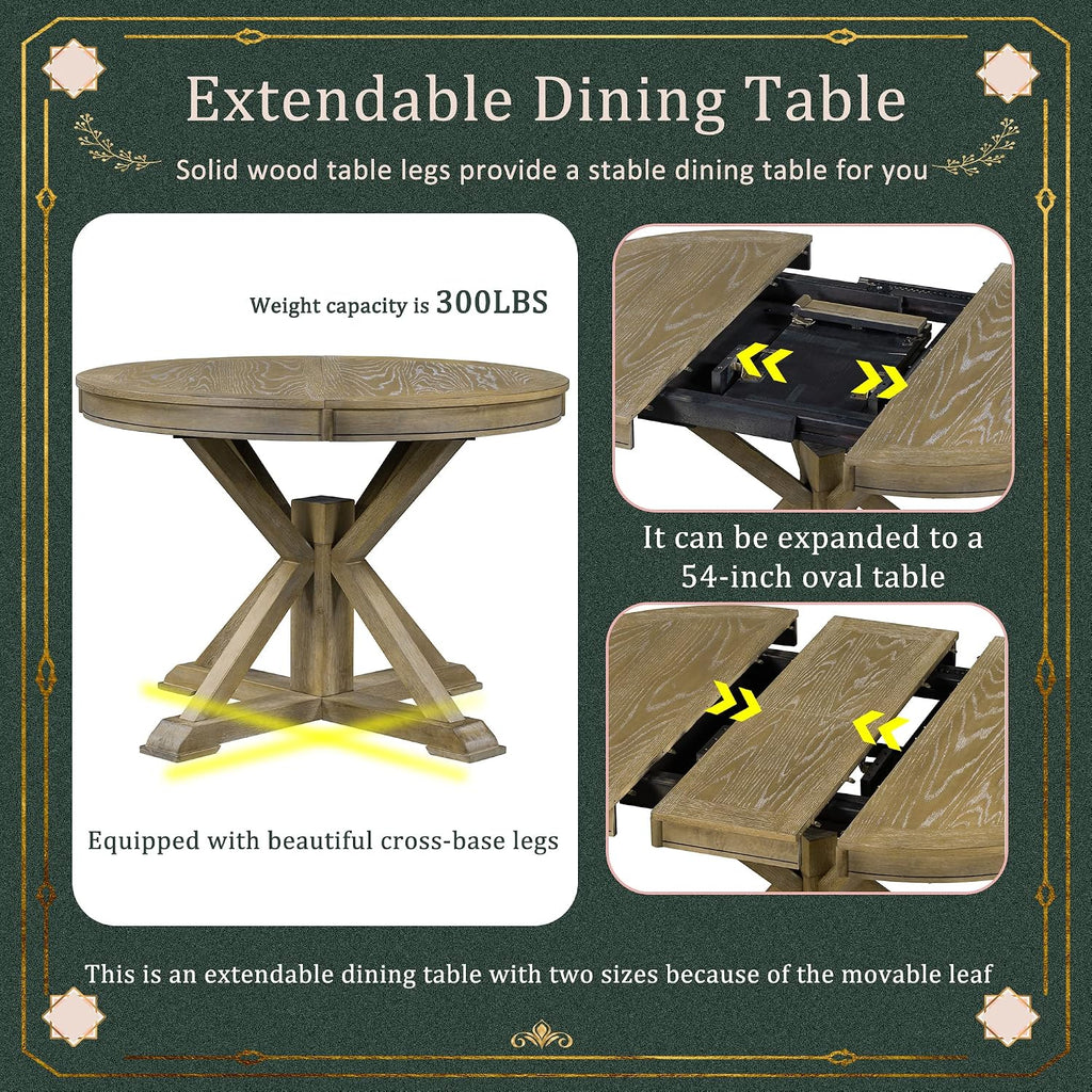 LUMISOL Extendable Round Dining Table for 4-8, Farmhouse 42'-54'' Expandable Kitchen Table with Removable Leaf and Pedestal Base for Kitchen, Dining Room, Living Room, Natural