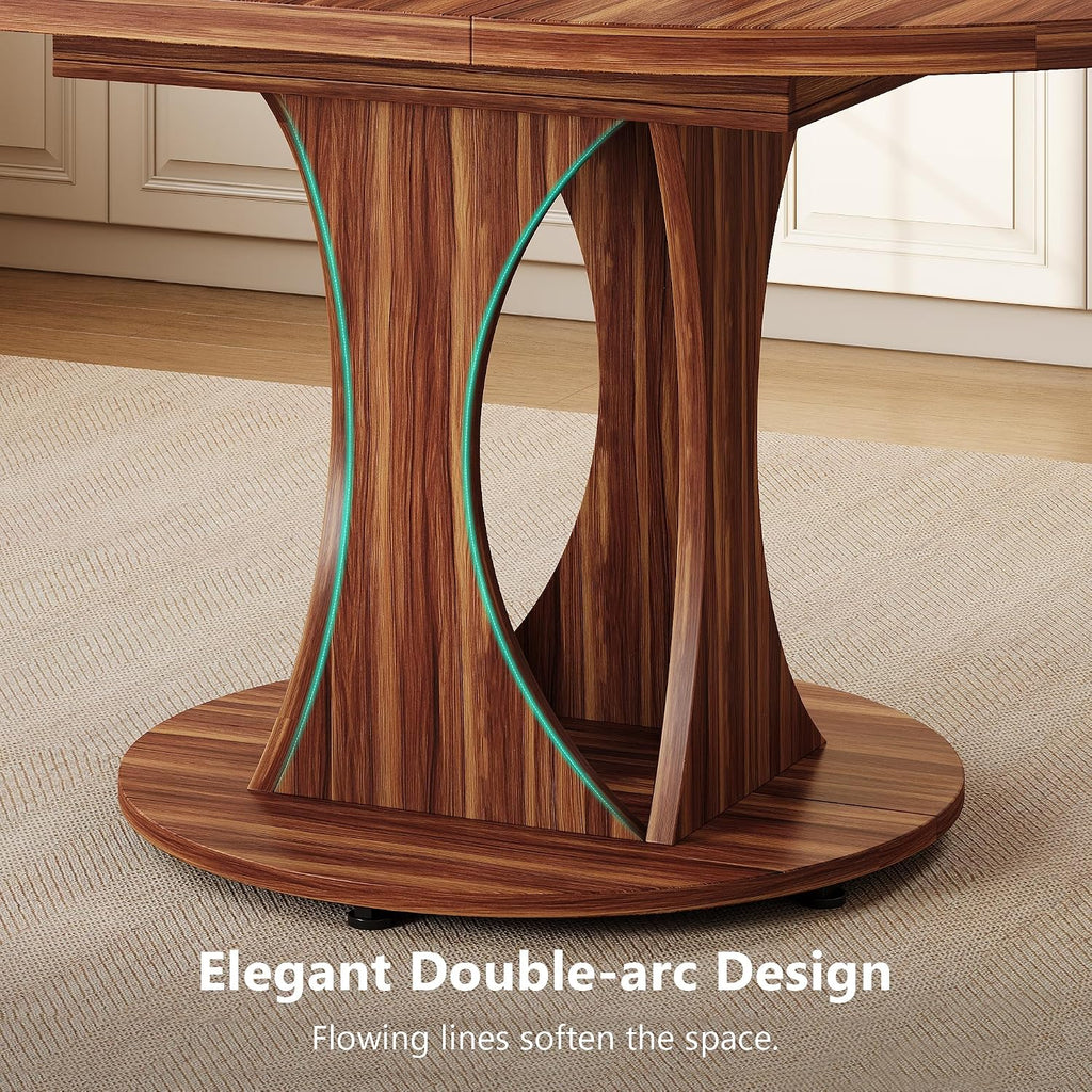 Einhomn Round Dining Table for 4-6, Kitchen Table with Sturdy Double Arc & Rounded Base & Backboard Clasp Desktop, Mid-Century Modern Circle Dinner Table for Dining Living Room, Space Saving, Walnut