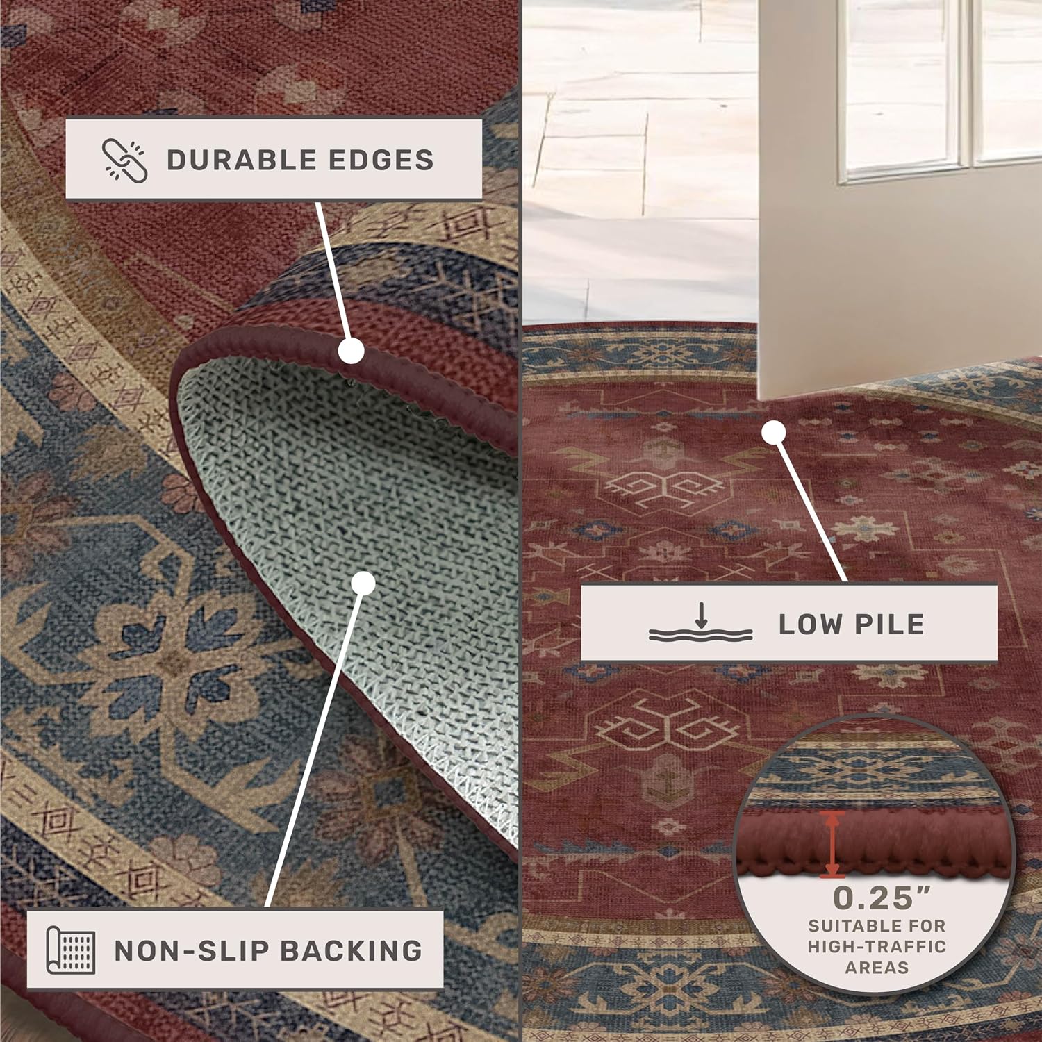 8ft Burgundy Round Rug for Living Room, Untra Large Vintage Washable Soft Area Rug for Dining Room, Bedroom Under Bed, Non Slip Low Pile Stain & Fade Resistant, Boho Geometric Floral Décor Indoor
