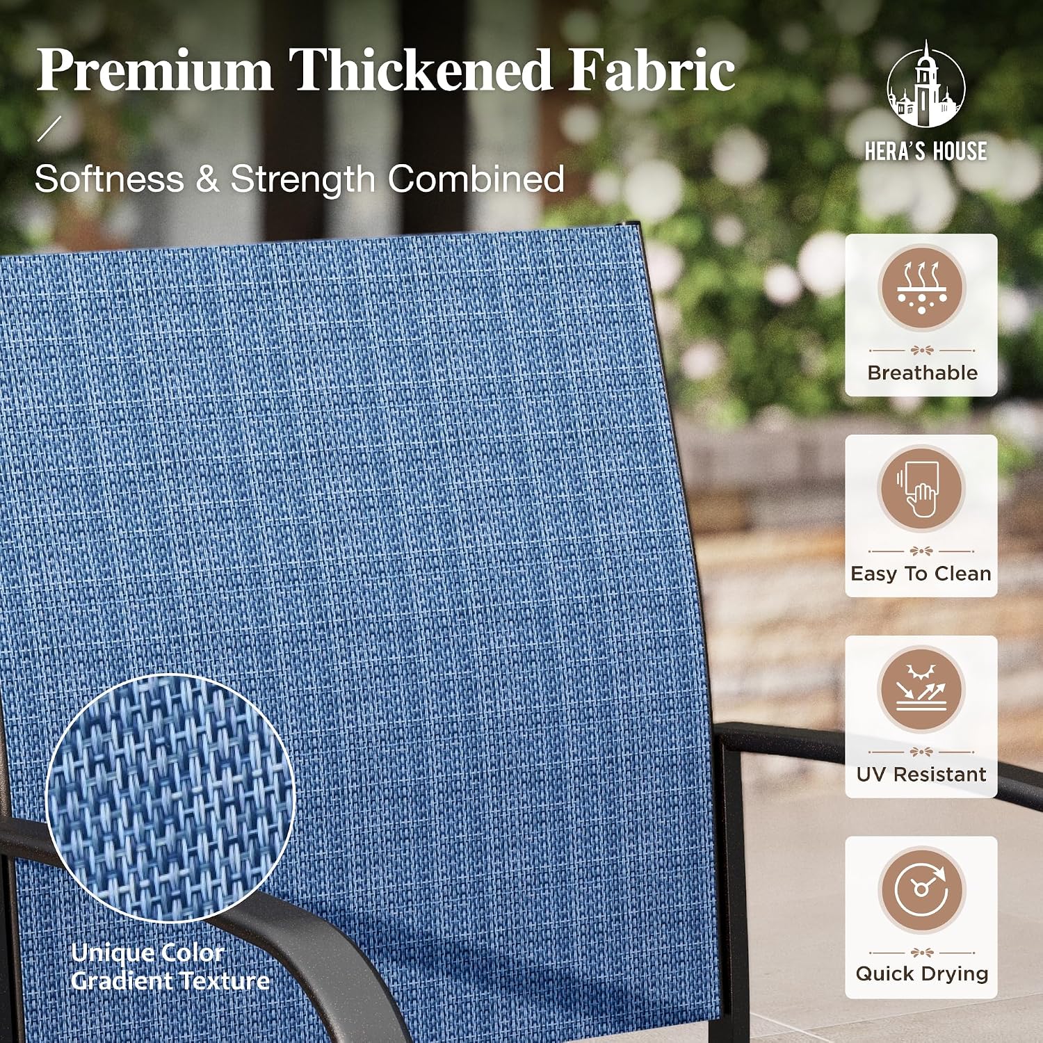 HERA'S HOUSE 5 Pieces Patio Table and Chairs Set, Outdoor Dining Furniture for 4, 42' Black Metal Round Dining Table with Umbrella Hole, 4 x Blue Textilene Chairs for Lawn Garden Backyard Deck