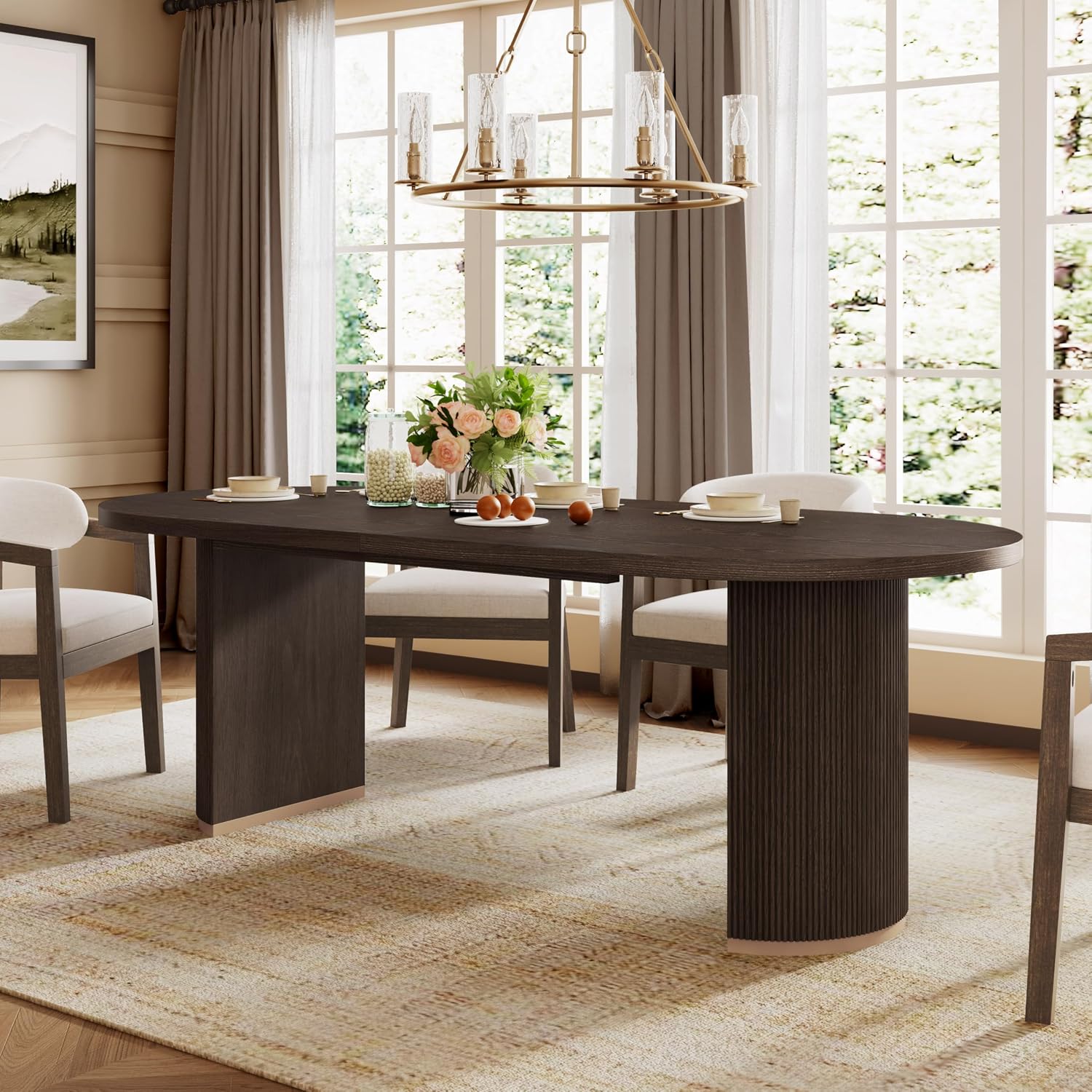 Christopher Knight Home Lancas Oval Top Dining Table - Modern Minimalist Wooden Pedestal Design - Seats 6 - Dark Brown Finish - Indoor Dining Room & Kitchen Table - Restaurant, Family Gatherings, Home