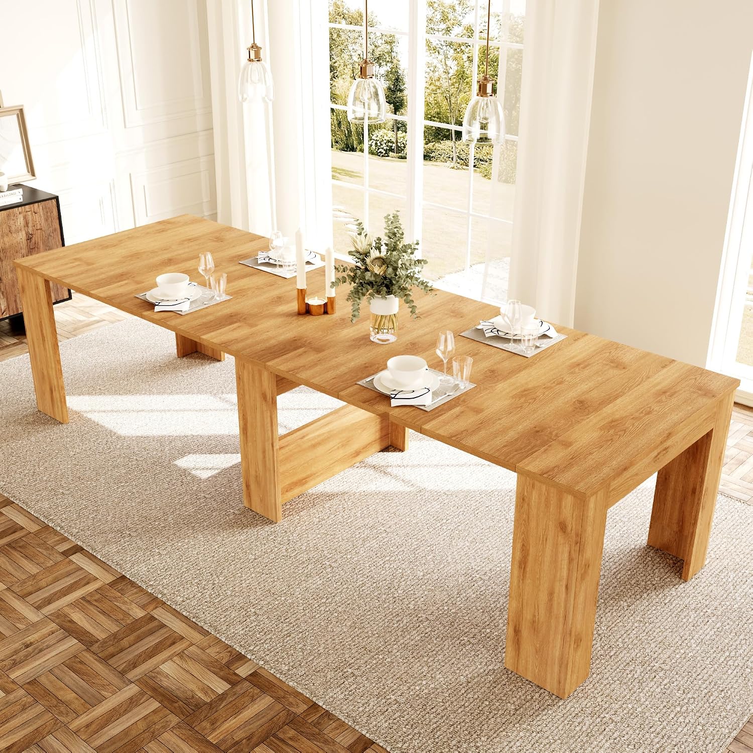 HIPIHOM 17.7'-118' Extendable Dining Table for 2-12 People, Extension Table with Extension Leaves Holder, Space-Saving Extra Long Folding Dining Table for Meeting, Dining Room(Oak Table Only)