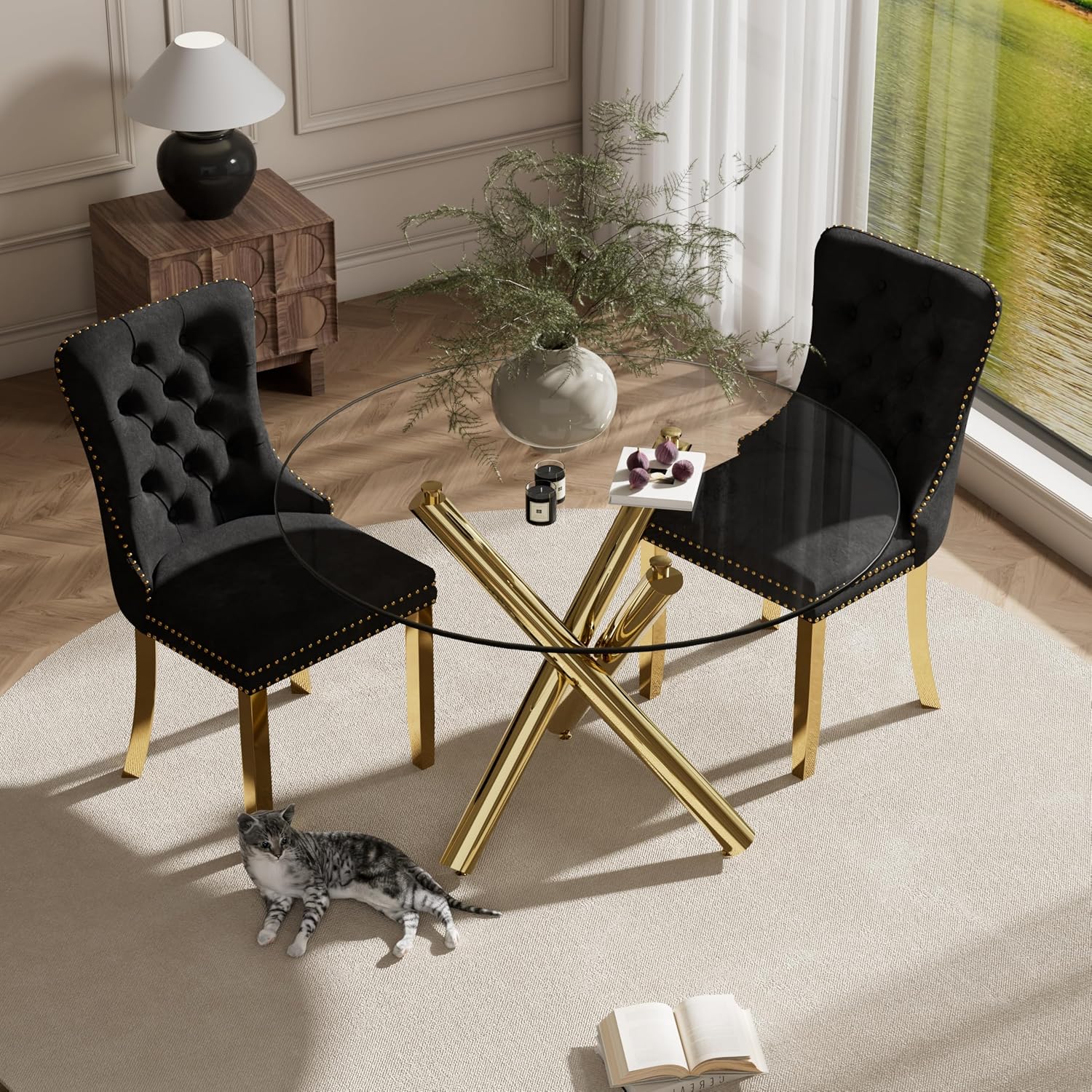 3 Piece Clear Round Glass Top Dining Set, 39'' Mid Century Modern Circle Dinner Room Set, 2 Person Luxury Circular Kitchen Table Set, Black High-end Tufted Chairs, for Small Apartment (Gold)