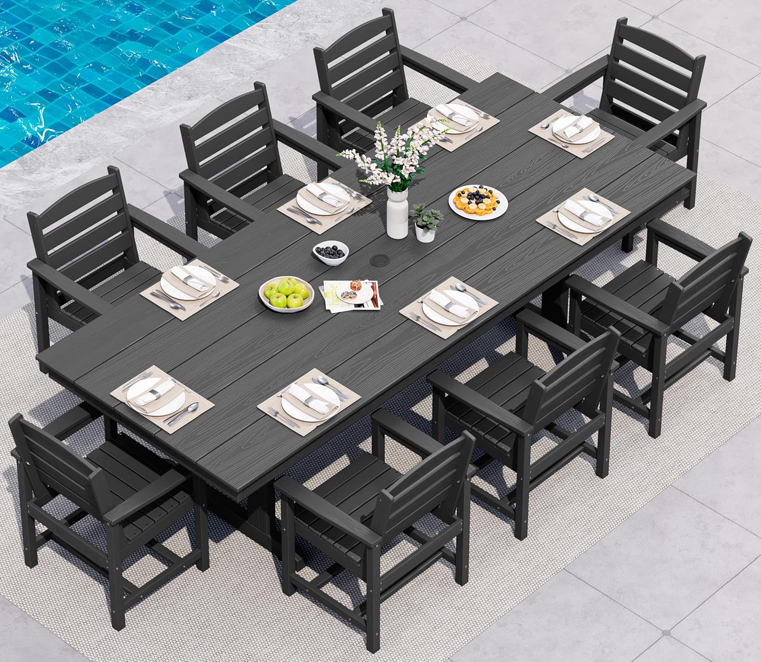 SERWALL 9 Piece Outdoor Dining Set, 84' HDPE Outdoor Table and Chairs for 8，All Weather Patio Dining Furniture Set with Umbrella Hole for Backyard, Garden, Black