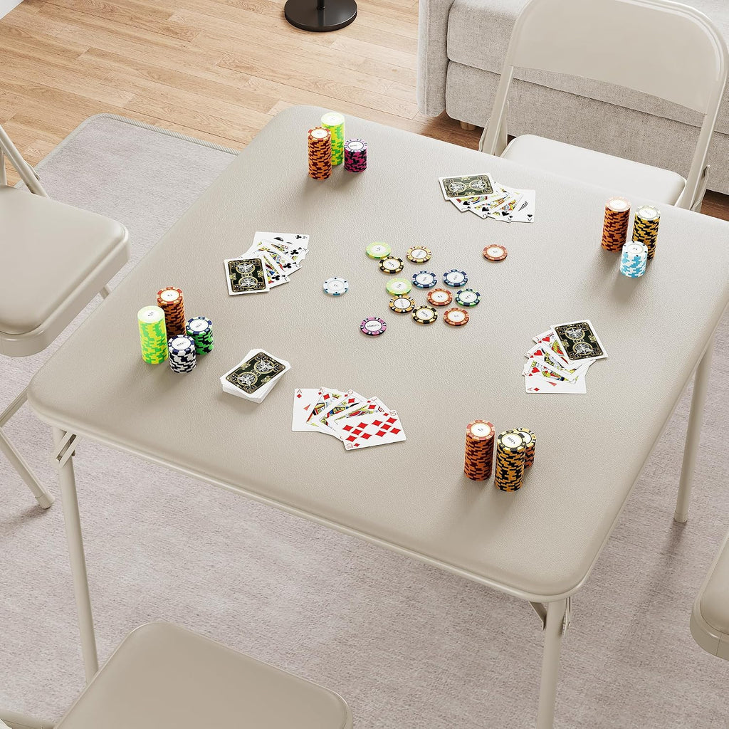 Folding Card Table and Chair Set of 3, Portable Square Card Table with 4 Upholstered Chairs, Foldable Chairs and Tables for Indoor and Outdoor Use, Space-Saving, No Assembly Required, Beige