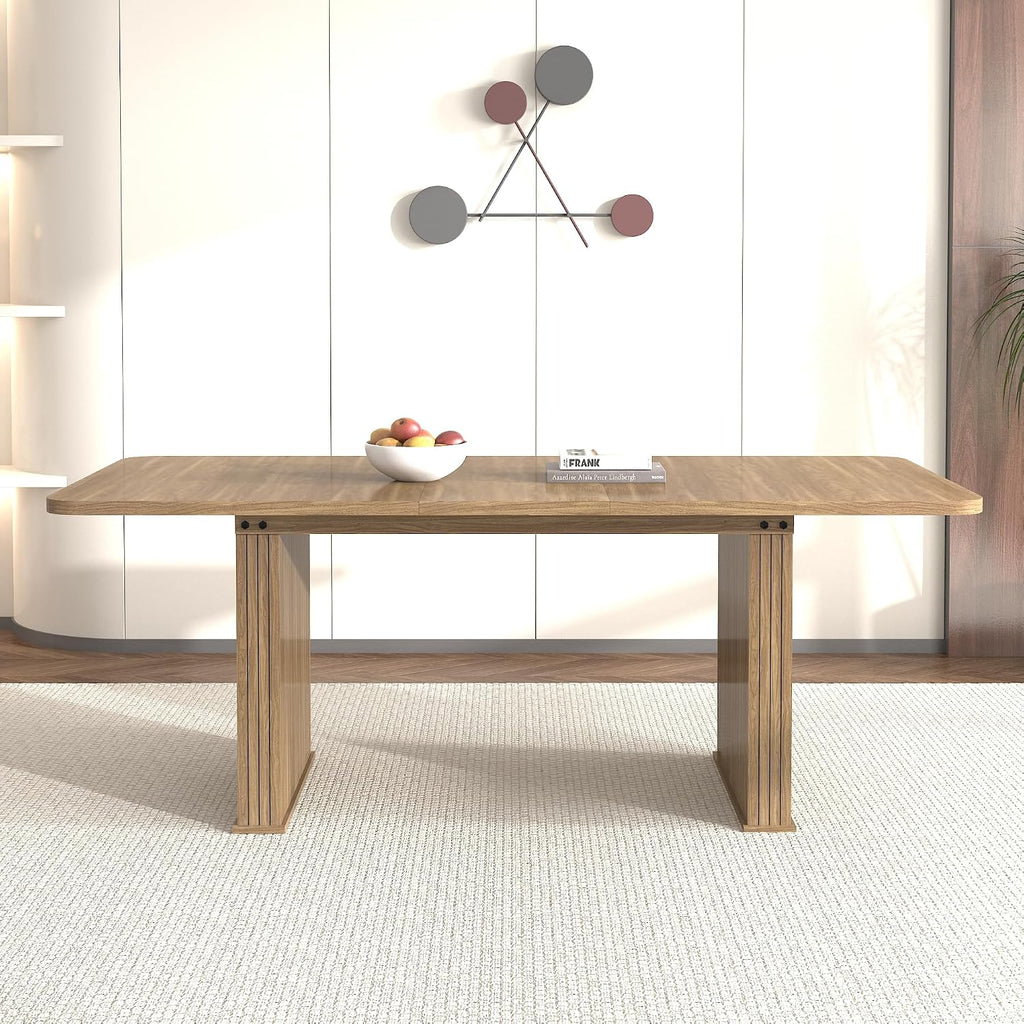 78.74'' Extendable Rectangular Dining Table for 4-8, Modern Mid-Century Wood Expandable Kitchen Dinner Conference Table for Living Room Office, Double Robust Pedestal, Brown