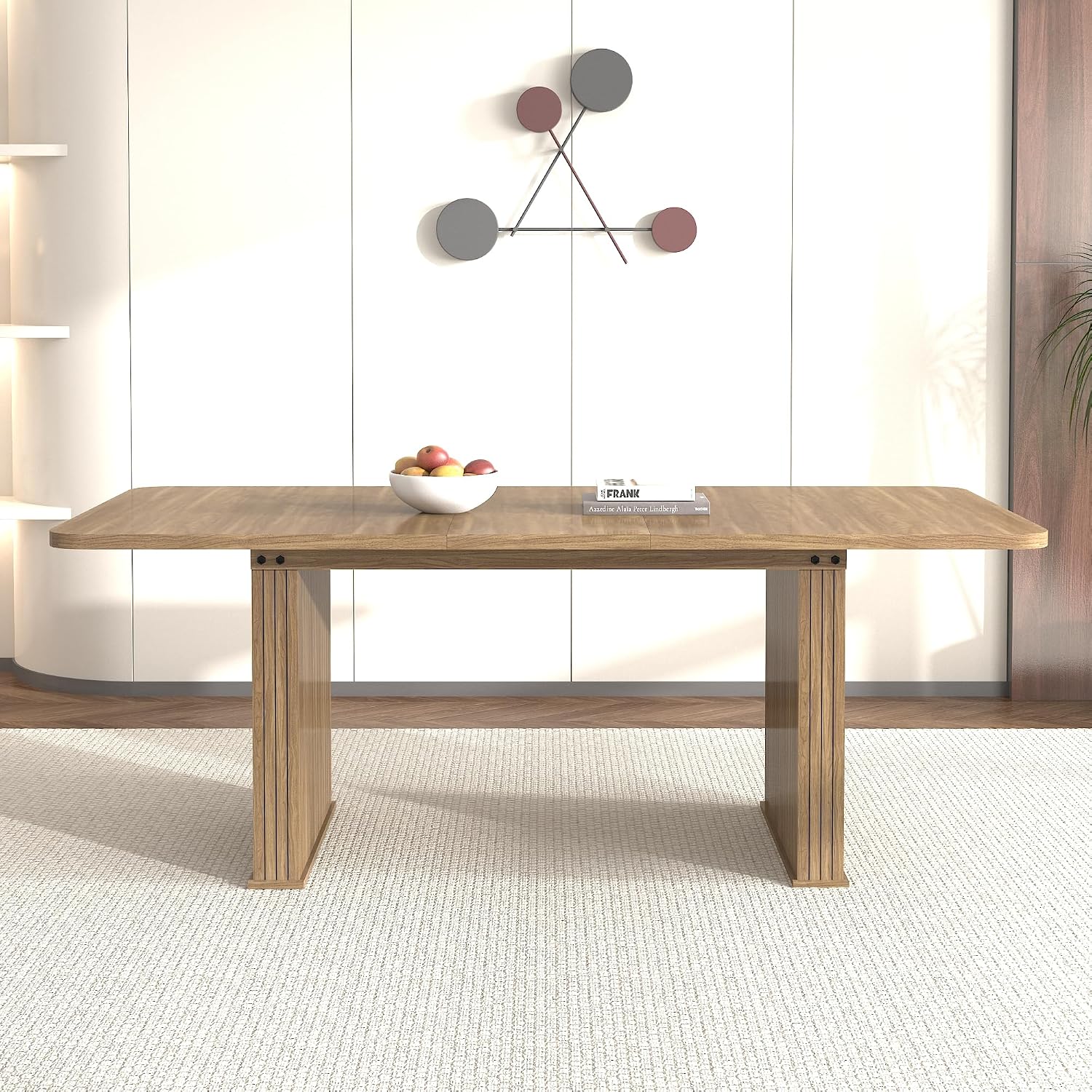 78.74'' Extendable Rectangular Dining Table for 4-8, Modern Mid-Century Wood Expandable Kitchen Dinner Conference Table for Living Room Office, Double Robust Pedestal, Brown