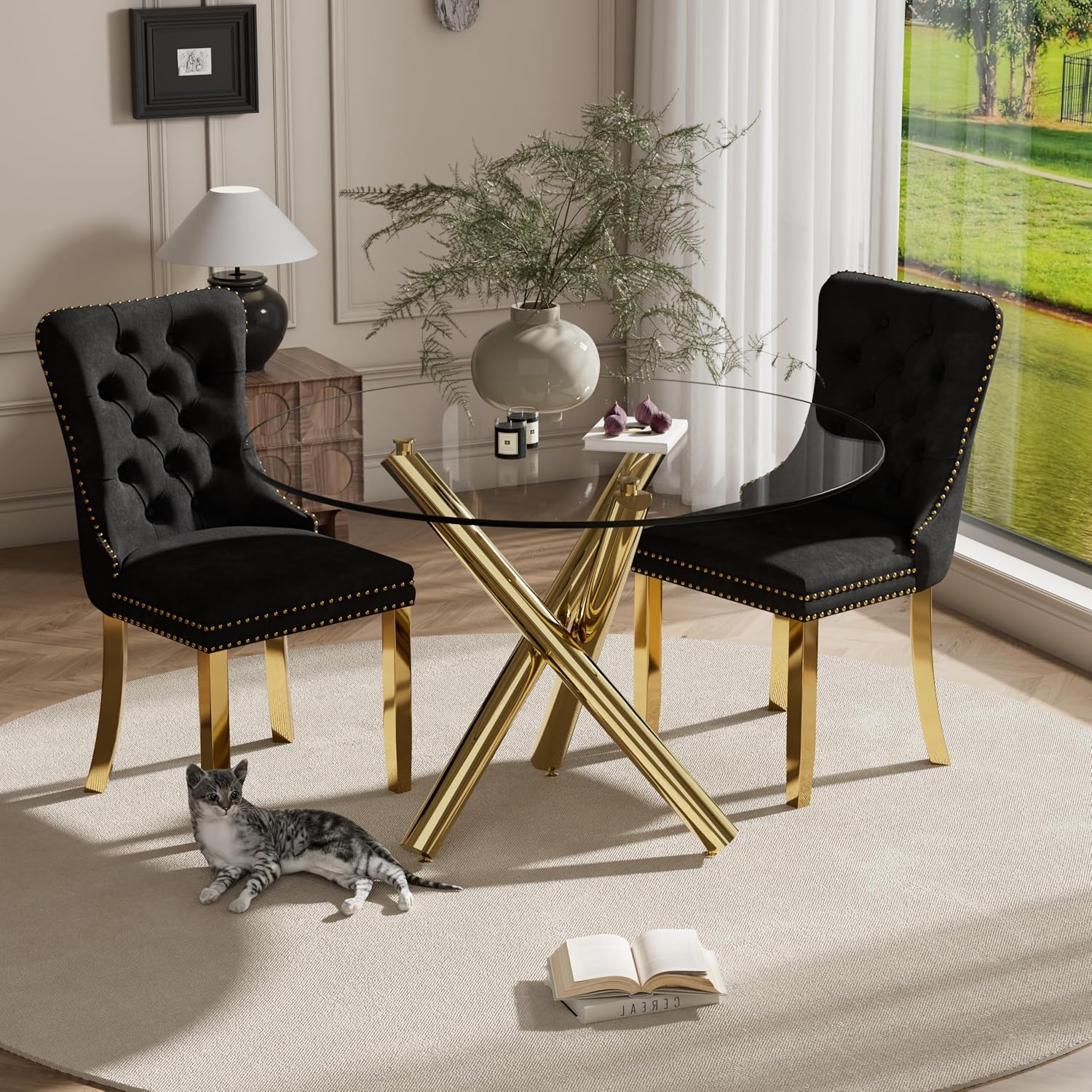 3 Piece Clear Round Glass Top Dining Set, 39'' Mid Century Modern Circle Dinner Room Set, 2 Person Luxury Circular Kitchen Table Set, Black High-end Tufted Chairs, for Small Apartment (Gold)