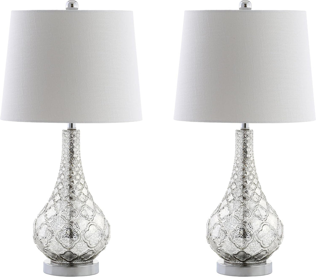JONATHAN Y 25.5' Mercury Silver Glass Table Lamp Set of 2 for Bedroom, Contemporary Transitional Trellis Lamps for Living Room, White Linen Shade, LED Bulbs Included JYL1077A-SET2