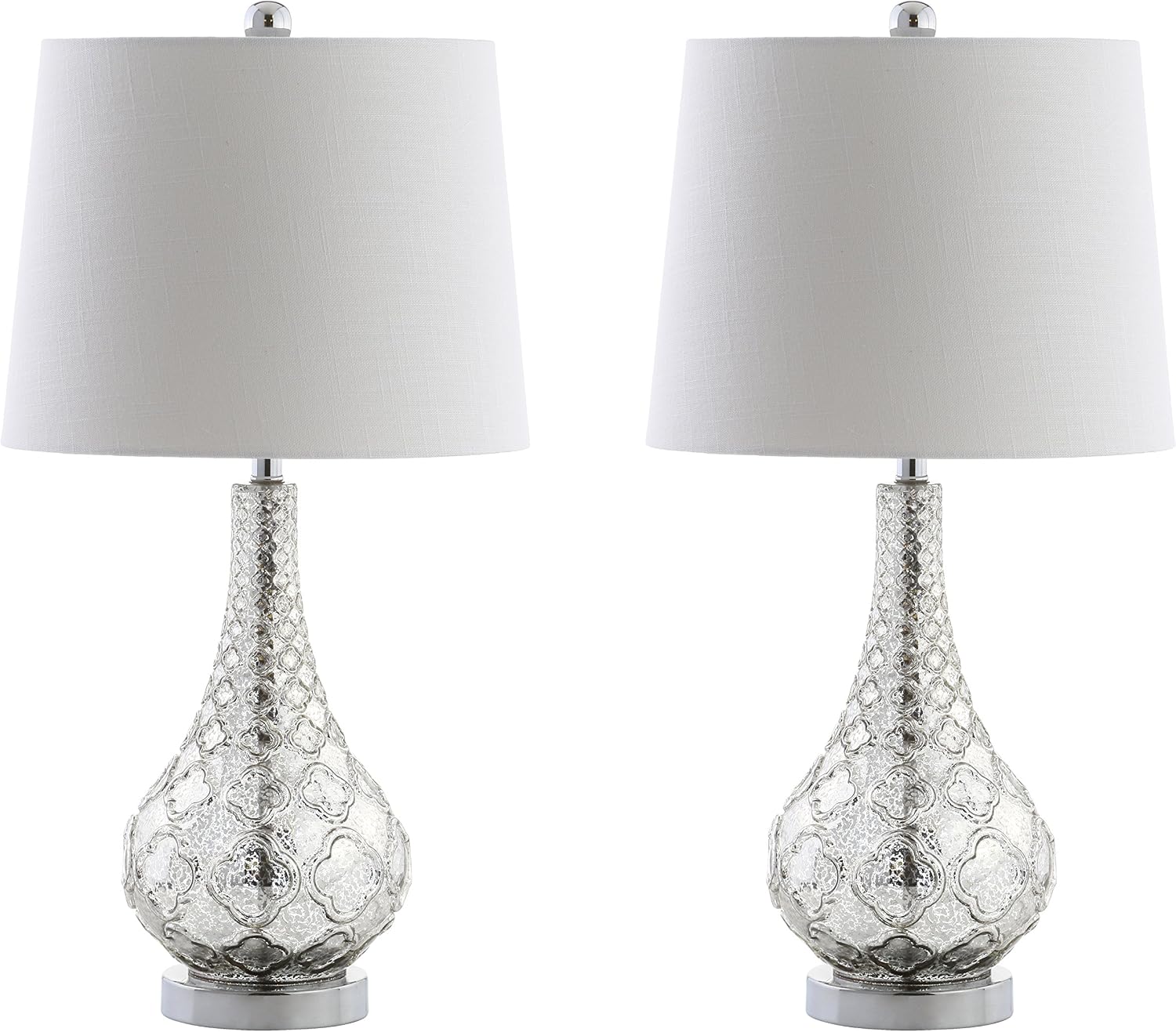 JONATHAN Y 25.5' Mercury Silver Glass Table Lamp Set of 2 for Bedroom, Contemporary Transitional Trellis Lamps for Living Room, White Linen Shade, LED Bulbs Included JYL1077A-SET2