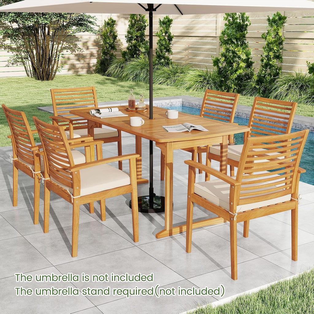 Tangkula 7 Piece Patio Acacia Wood Dining Set for 6, Patio Rectangle Table with Umbrella Hole & 6 Cushioned Armchairs, for Backyard Garden Poolside Deck, Natural