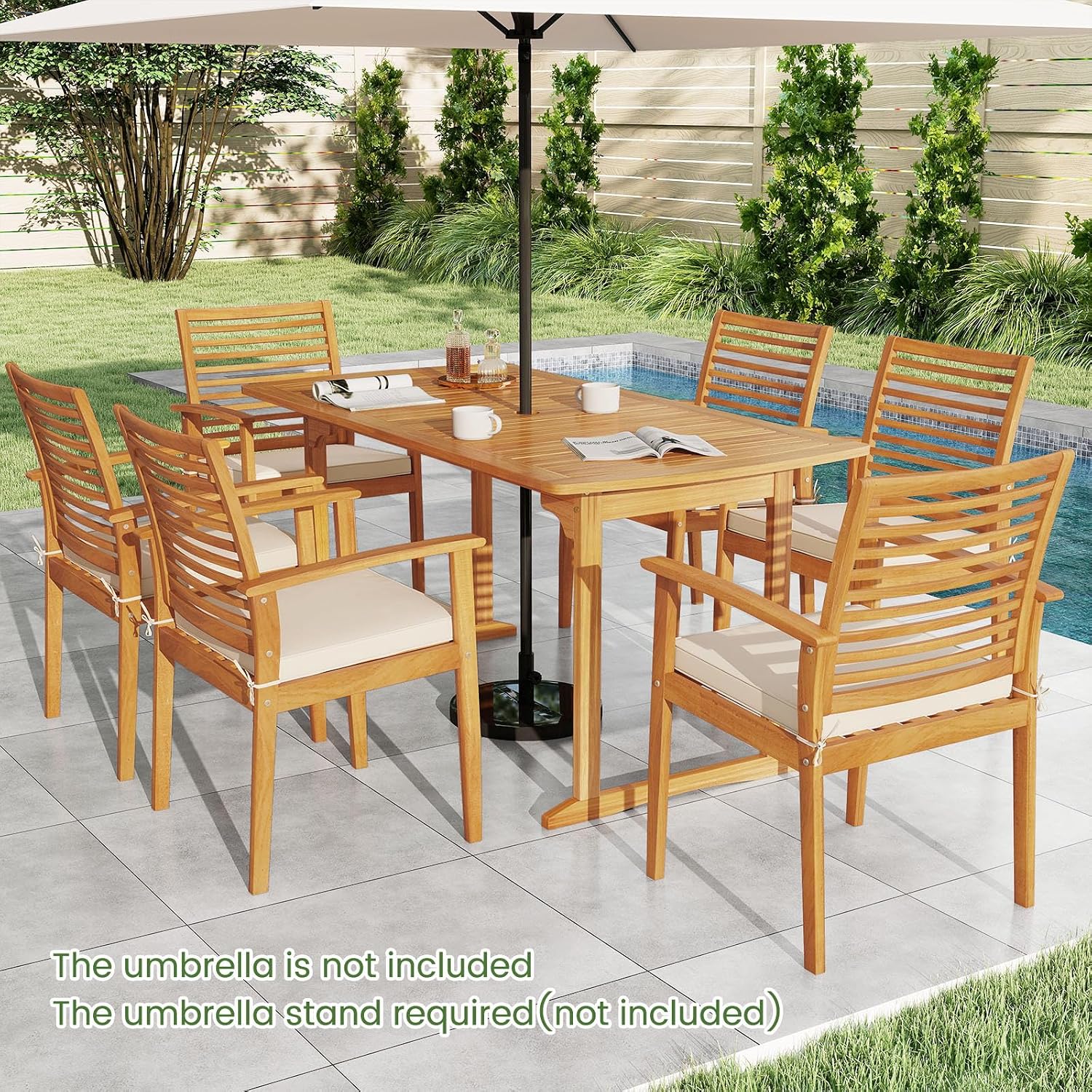 Tangkula 7 Piece Patio Acacia Wood Dining Set for 6, Patio Rectangle Table with Umbrella Hole & 6 Cushioned Armchairs, for Backyard Garden Poolside Deck, Natural
