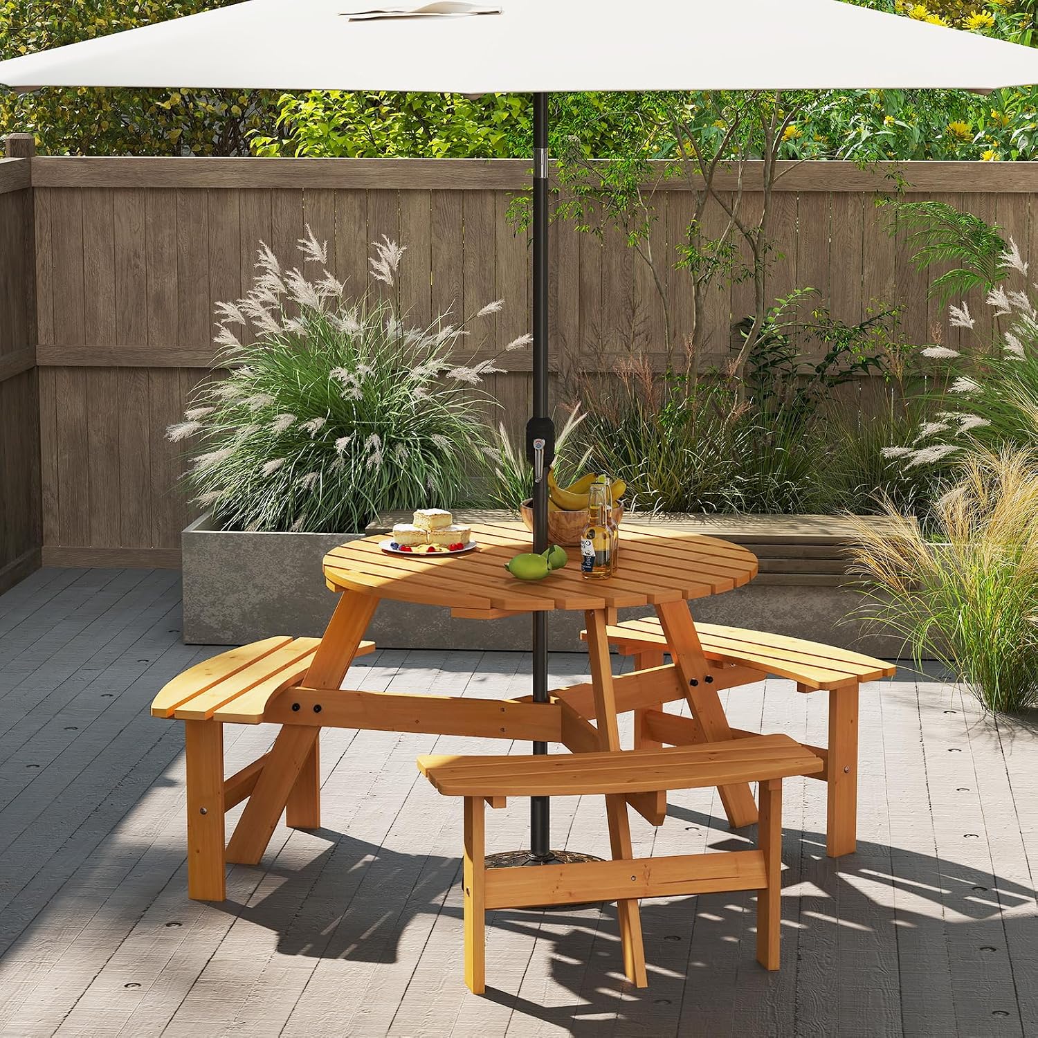Giantex 6-Person Round Picnic Table Set with 3 Benches, 550 LBS Bench Capacity, 2' Umbrella Hole, Circular Outdoor Wood Dining Table & Chairs for Patio Yard Garden Porch Deck (68'x62'x28',Yellow)