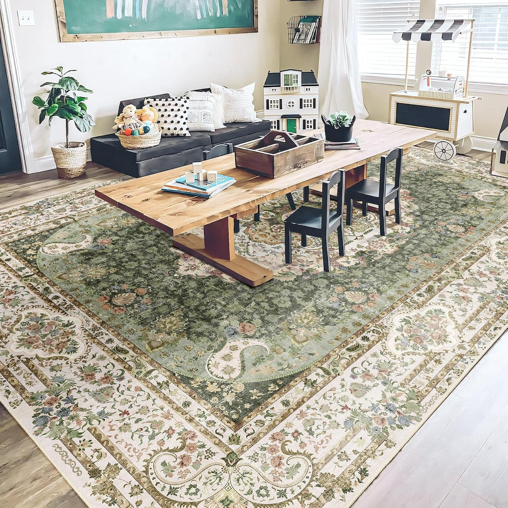 9x12 Area Rugs Washable,Green Rug for Living Room Bedroom Dining Room,Large Boho Vintage Bohemian Distressed Carpet Non Slip,Floral