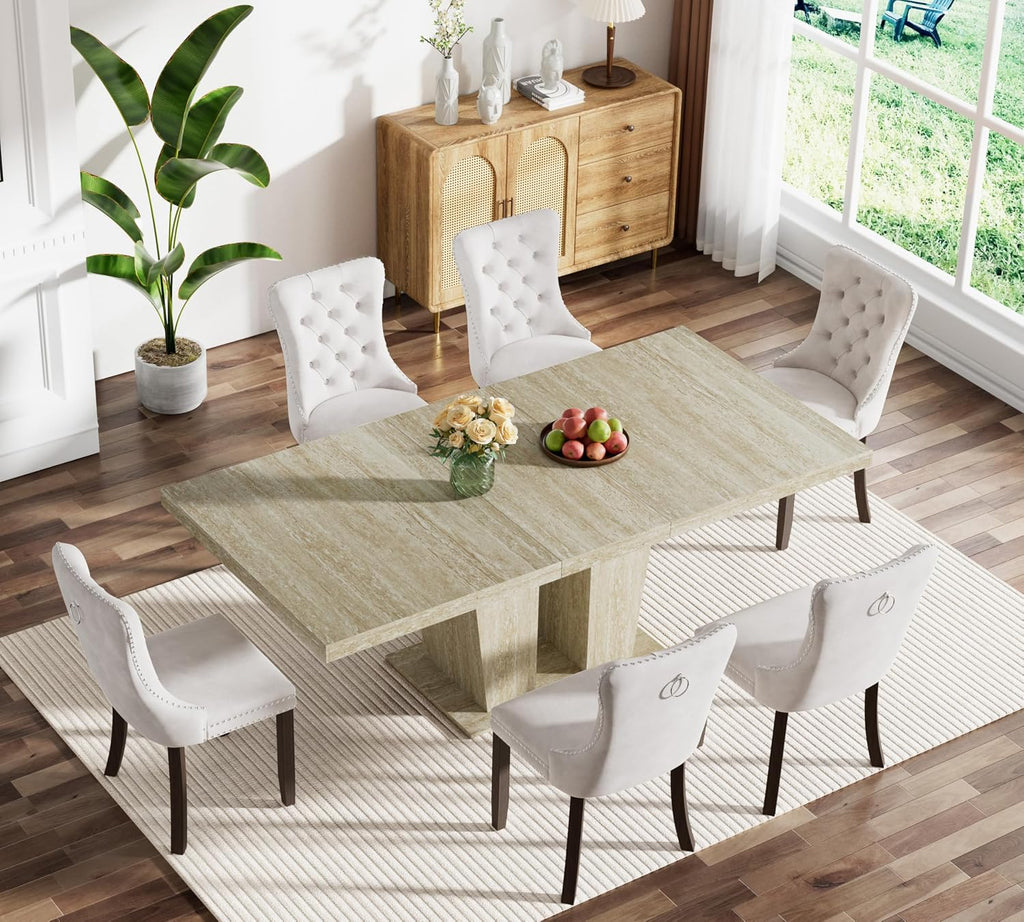 Henf 7 Pieces Extendable Dining Table Set for 6, 63'-79' Faux Mars Kitchen Table Set with 6 Beige Chairs, Faux Marble Expandable Dining Room Tables Set for 6,Modern Dinner Tables Set for 6