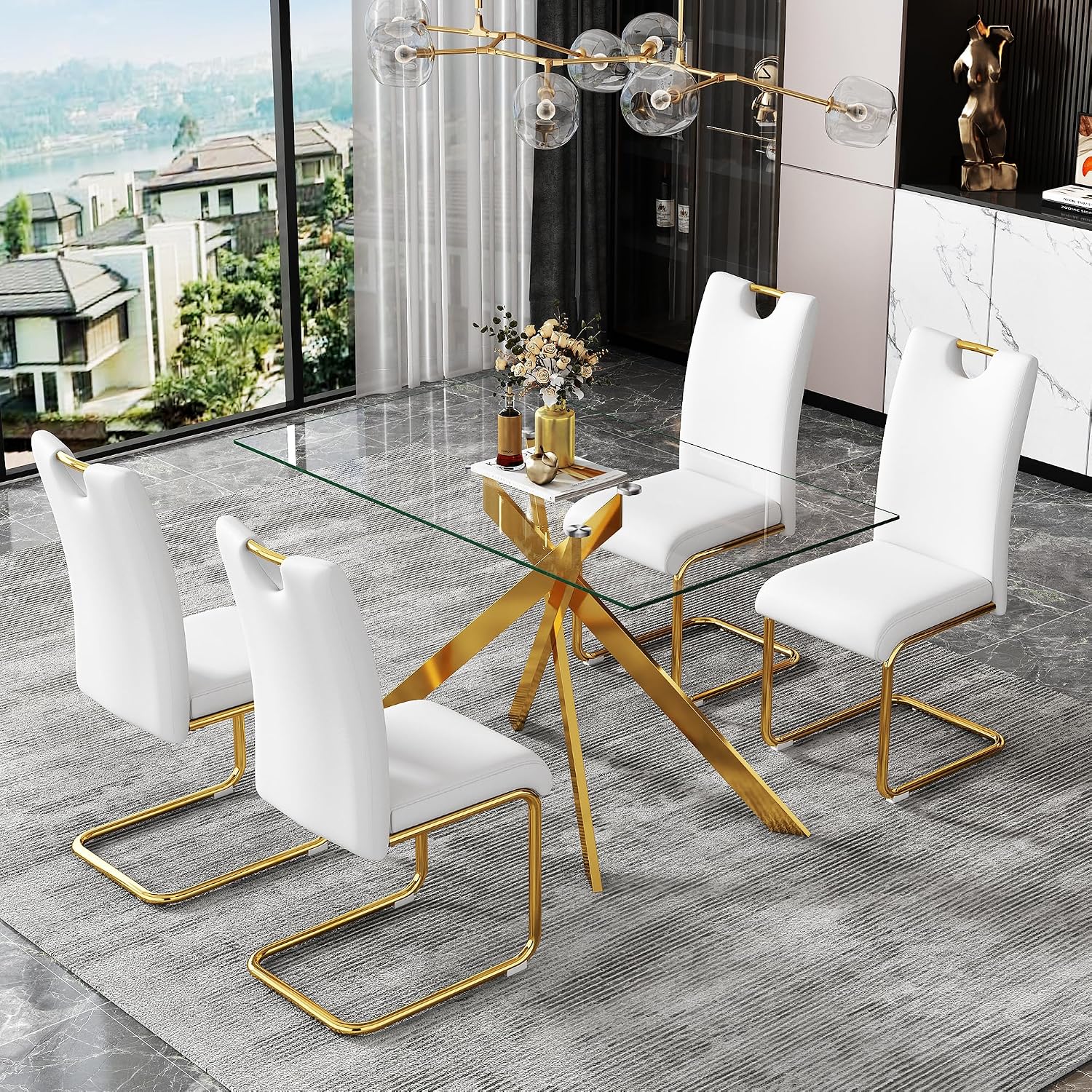 51.18' Rectangular Glass Dining Table, Tempered Glass Kitchen Tabe with Metal Legs, Stylish and Sturdy Dinner Table for Home and Outdoor Dining (Golden, 51.18'')