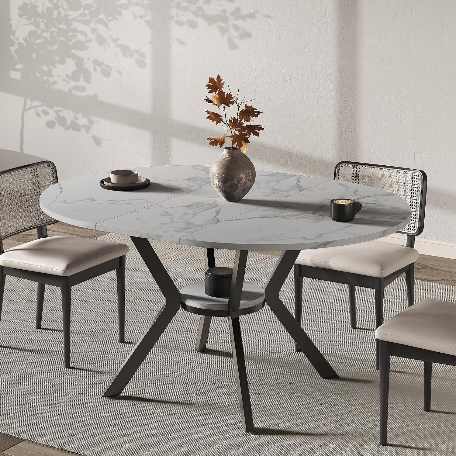 42'-58' Round Extendable Dining Table for 4-6, Kitchen Oval Table with Hidden Leaves & Storage Shelf, Space Saving Modern Design with Sturdy Metal Legs for Kitchen, Dining Room & Small Apartments