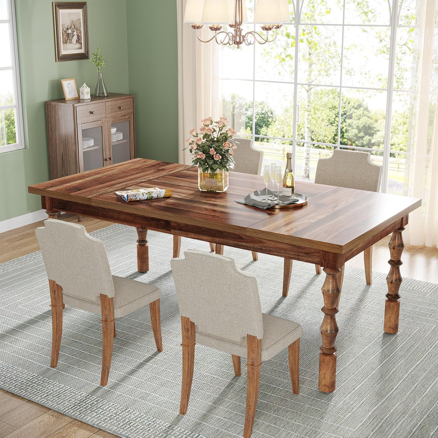 Tribesigns 62' Farmhouse Dining Table for 4-6 People, Large Rectangle Kitchen Table, Dinner Table Kitchen & Dining Room Furniture with Carved Turned Legs