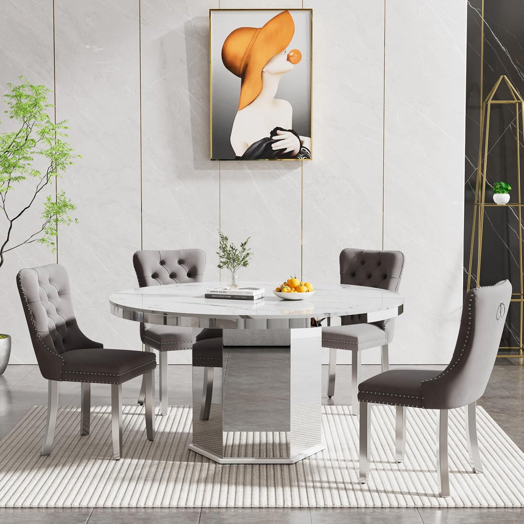 5 Pieces 47'-63' White Faux Marble Extendable Dining Table Set, Round Expanding Kitchen and Dining Room Table Set for 4 with Mirrored Acrylic Base & Grey Velvet Upholstered Chairs