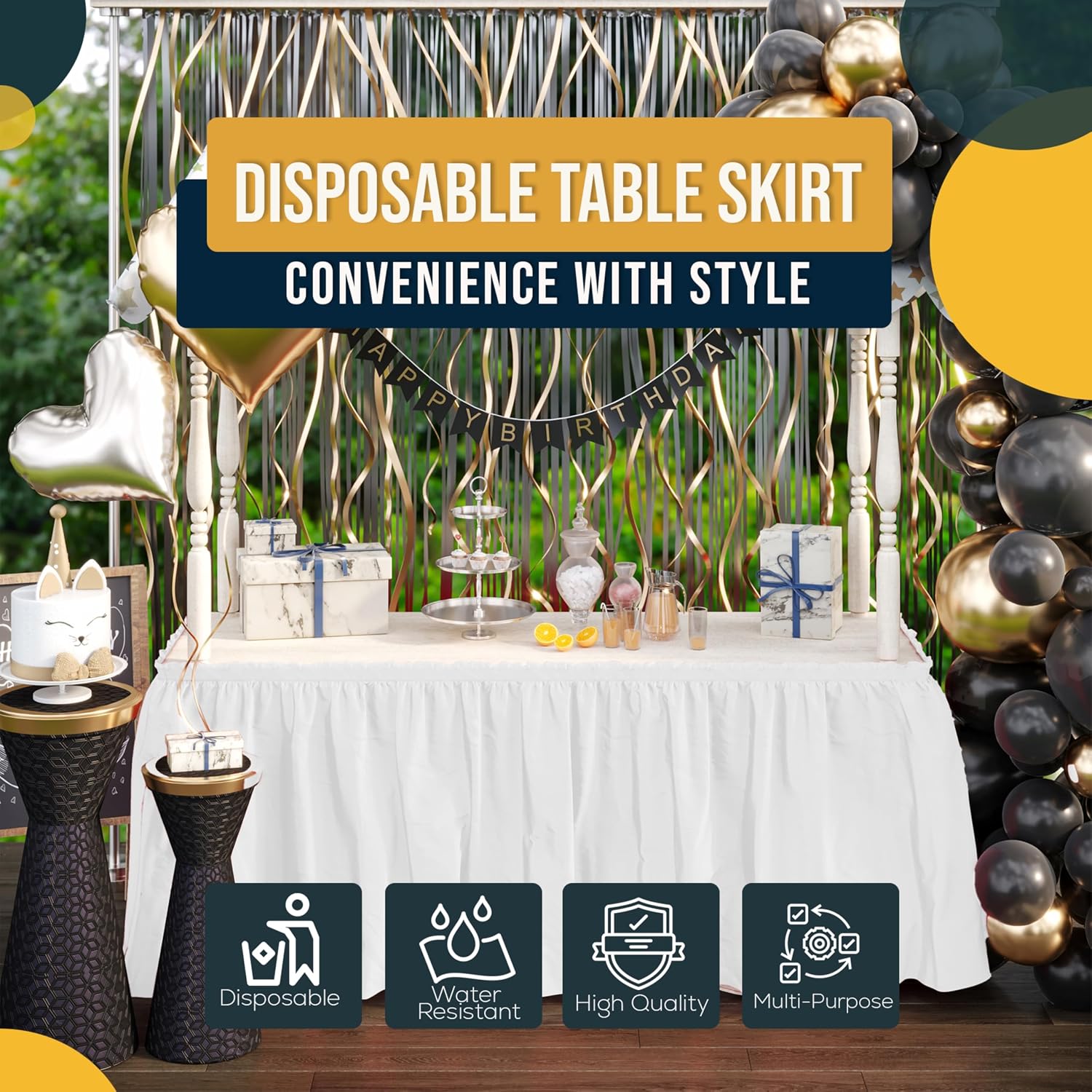 Exquisite Ruffle Table Skirt White 48 Pack 14 Ft Long Table Skirts for Rectangle Tables 6ft Plus or Round Tables Skirts with Adhesive Strip for Gender Reveal Decor & Happy Birthday Parties