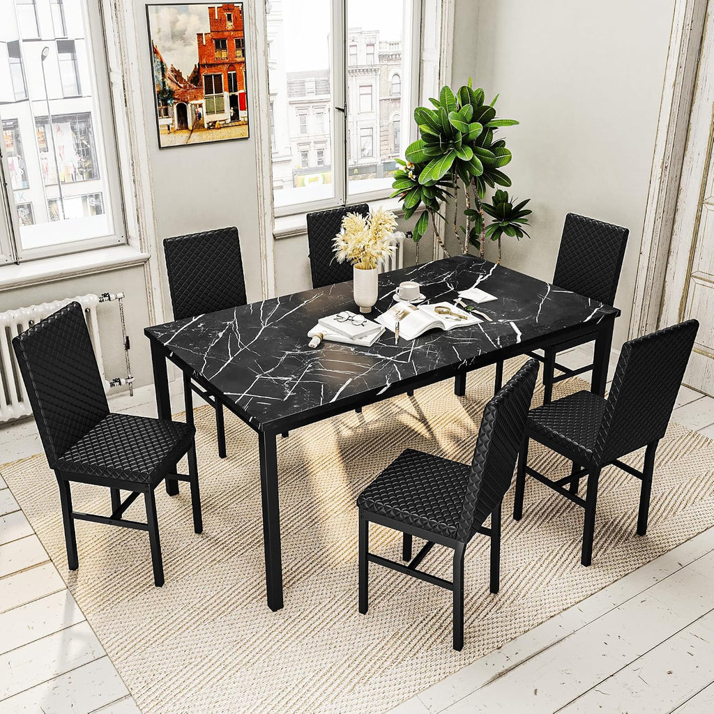 Recaceik Dining Table Set for 6, Faux Marble 7 Piece Dining Table Set with Chairs, Kitchen Table Set with PU Leather Dining Chairs for Small Space & Breakfast Nook, Black