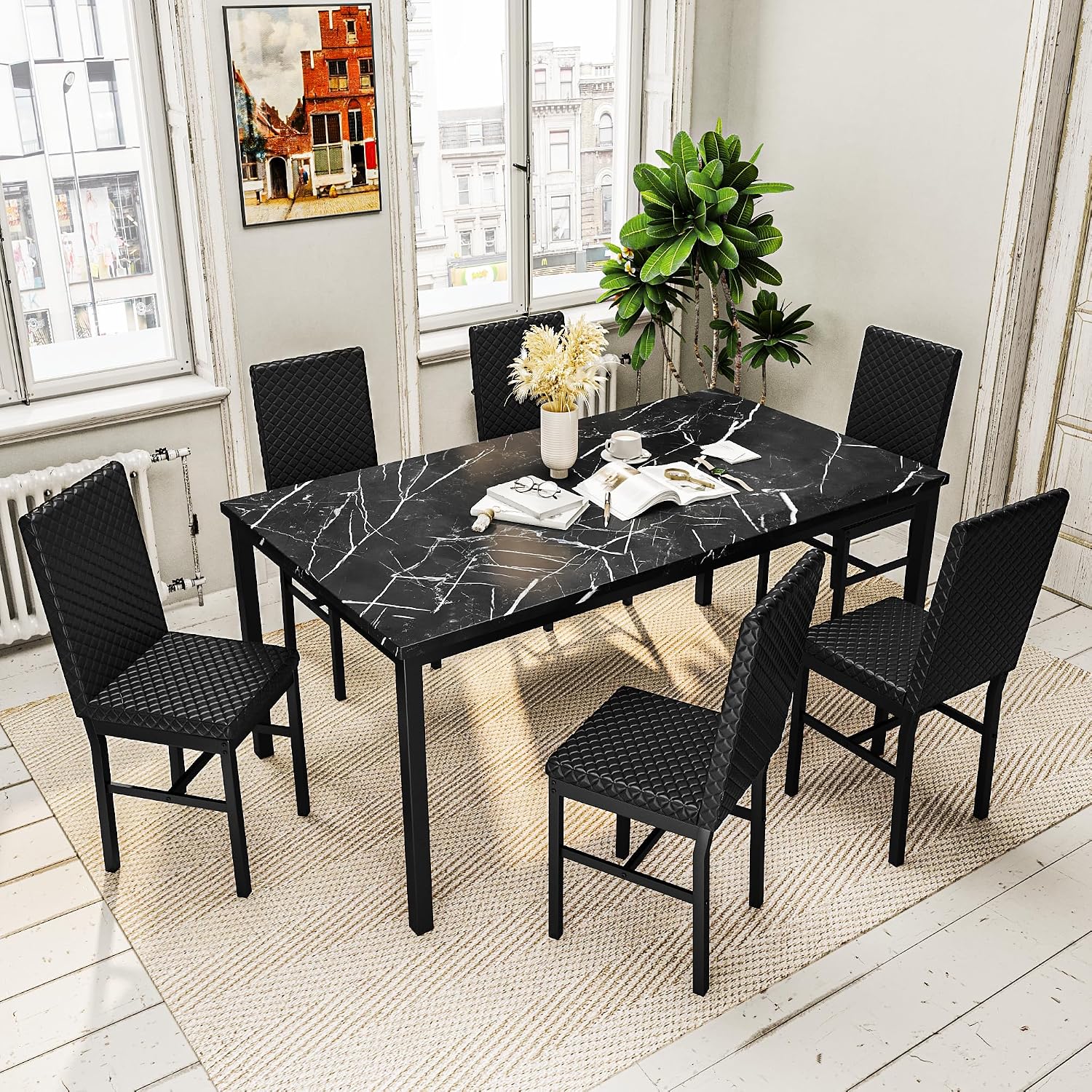 Recaceik Dining Table Set for 6, Faux Marble 7 Piece Dining Table Set with Chairs, Kitchen Table Set with PU Leather Dining Chairs for Small Space & Breakfast Nook, Black