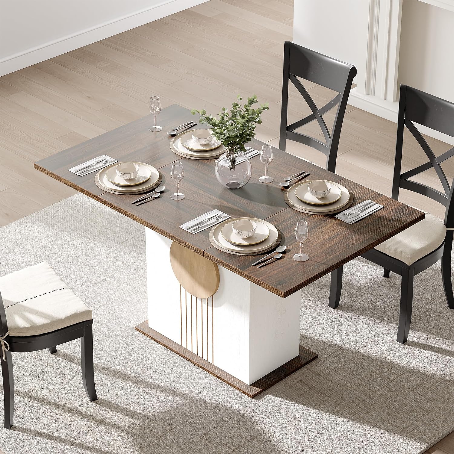 LITTLE TREE Rectangle Dining Table, Modern Kitchen Table Set for 6, Wooden Furniture with Heavy Duty Base, Modern Furniture for Home, Dining Room, Brown & White