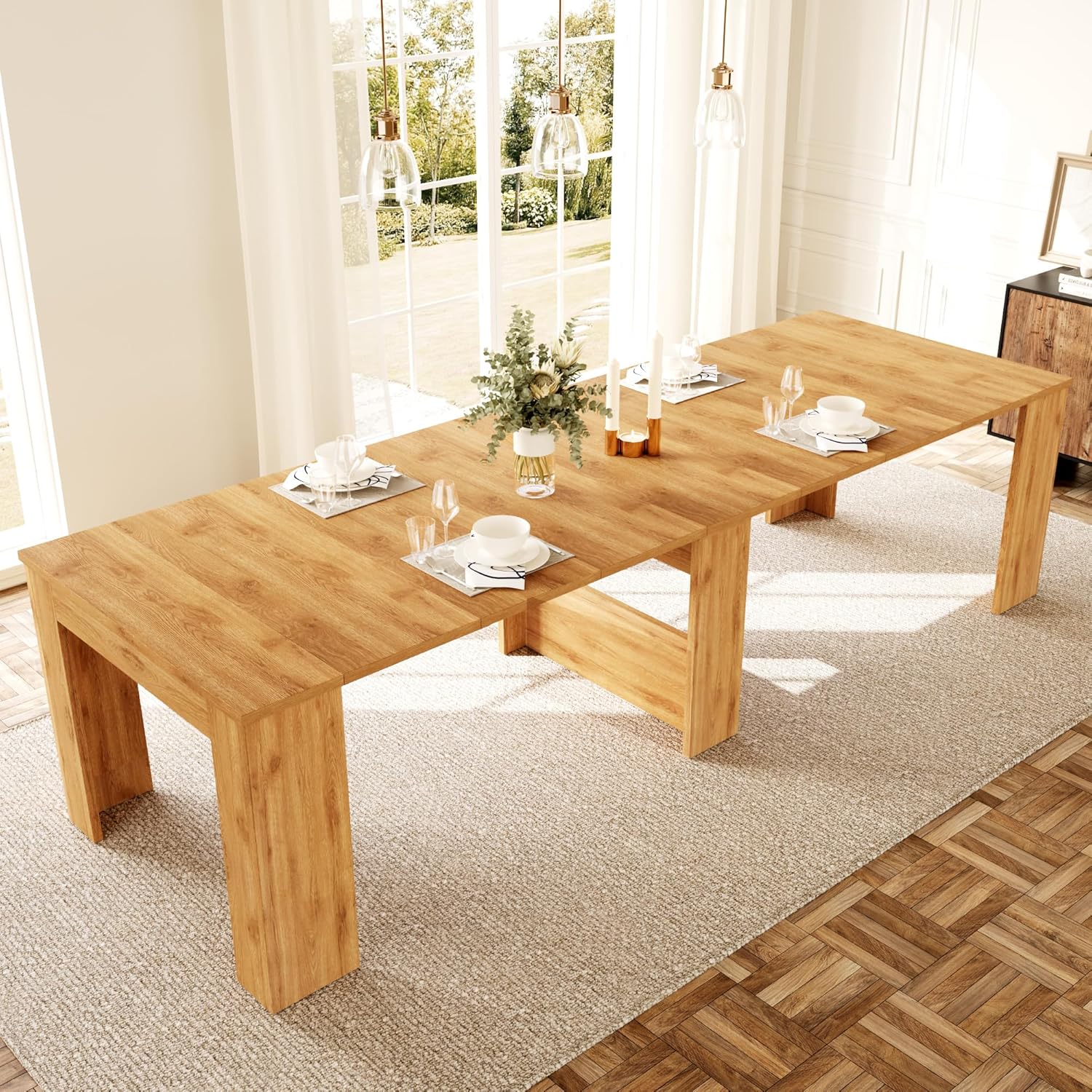 HIPIHOM 17.7'-118' Extendable Dining Table for 2-12 People, Extension Table with Extension Leaves Holder, Space-Saving Extra Long Folding Dining Table for Meeting, Dining Room(Oak Table Only)