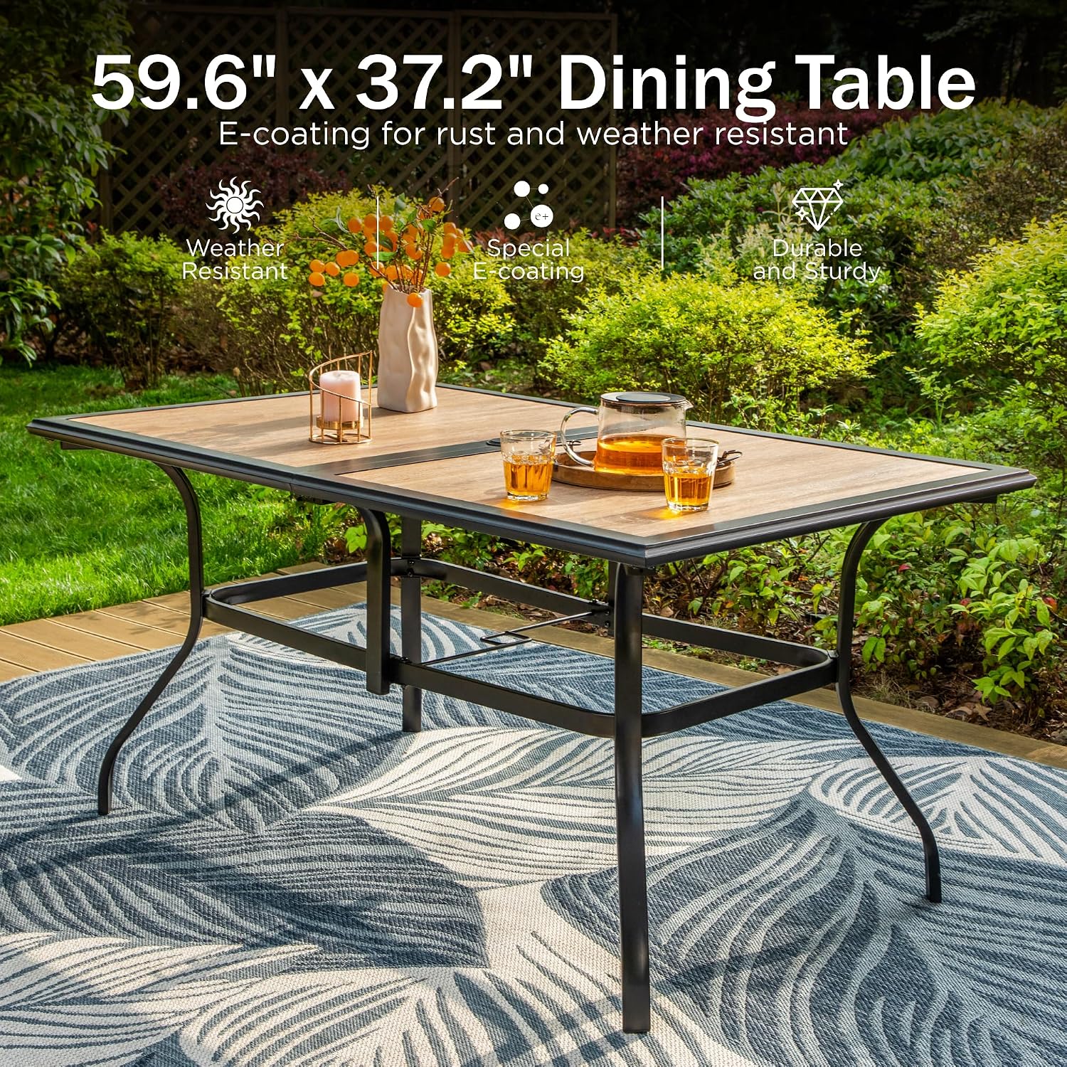PHI VILLA Outdoor Dining Table for 6, 60' Metal Rectangle Metal Steel Table with Polywood Tabletop, Modern Long Furniture for Patio, Deck, Porch, Yard