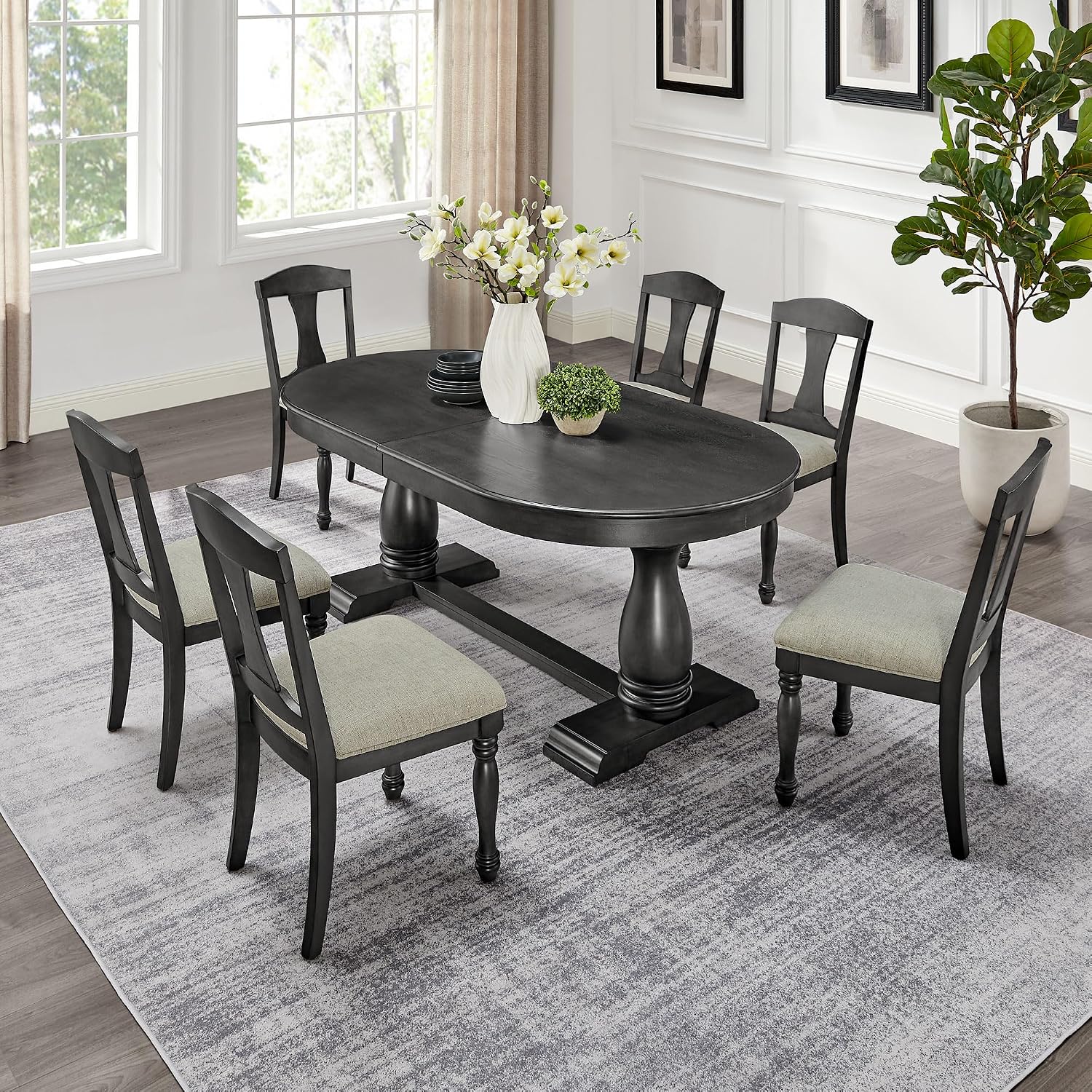 94.06'' Extendable Dining Table Rustic Wood Oval Dining Kitchen Dinner Table for 4-8, Modern Mid-Century for Living Room, Black