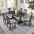 7-Pcs 94.06'' Extendable Wood Dining Table Set, Oval Large Kitchen Table & 6 Upholstered Chairs, Modern Mid-Century Style, Black