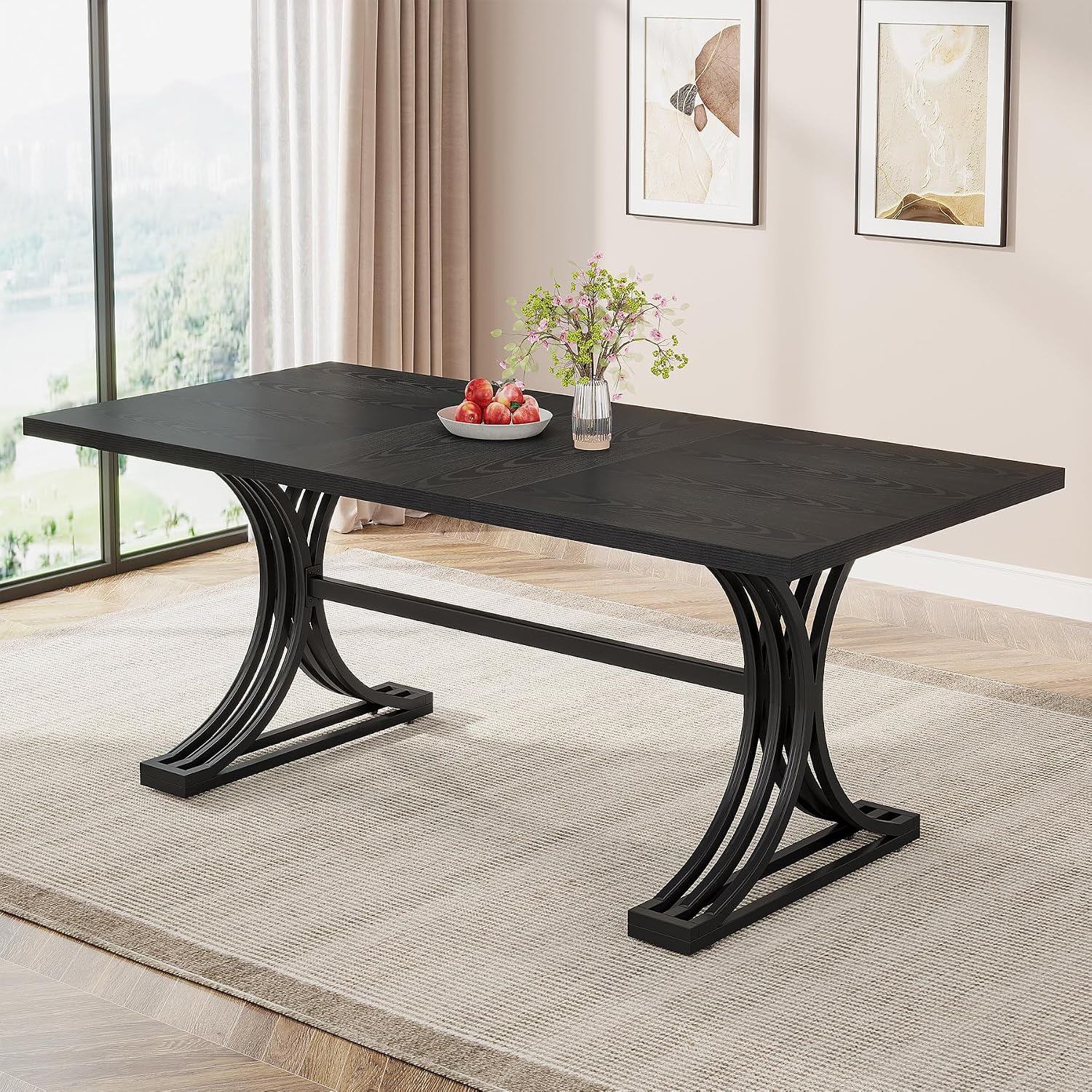Tribesigns 63-Inch Rectangular Dining Table for 4 to 6, Modern Kitchen Tables with Stylish Metal Trestle Legs, Large Dinner Table for Dining Room, Only Table (Black)