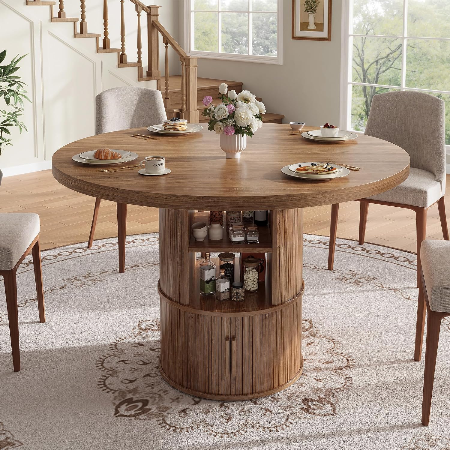 43' Round Dining Table with Storage Shelf, Farmhouse Modern Kitchen Table for 4-6, Circular Wood Dining Room Table for Small Spaces, Space Saving Pedestal Table for Apartment & Breakfast Nook, Walnut