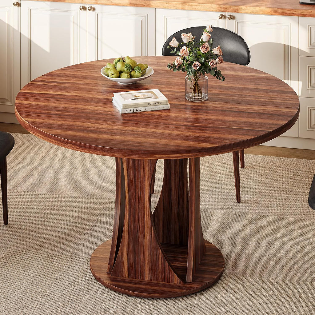 Einhomn Round Dining Table for 4-6, Kitchen Table with Sturdy Double Arc & Rounded Base & Backboard Clasp Desktop, Mid-Century Modern Circle Dinner Table for Dining Living Room, Space Saving, Walnut