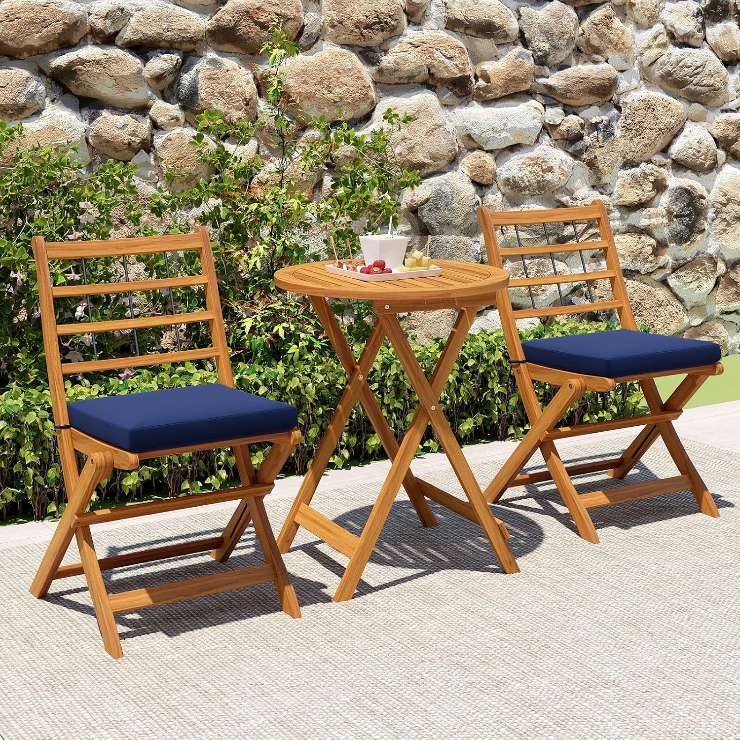 Tangkula 3 Piece Patio Wood Bistro Set, Folding Table Chair Set w/Soft Seat Cushions, Acacia Wood Frame, High-Back Portable Chairs w/Table for Backyard, Poolside (Navy)