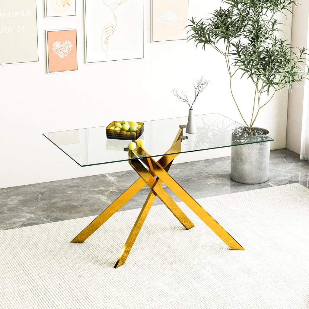51.2' Glass Dining Table, Modern Kitchen Table for 4-6 People, Contemporary Rectangular Dining Room Dinner Tables with Clear Glass Top & Gold Metal X Legs for Kitchen Apartment