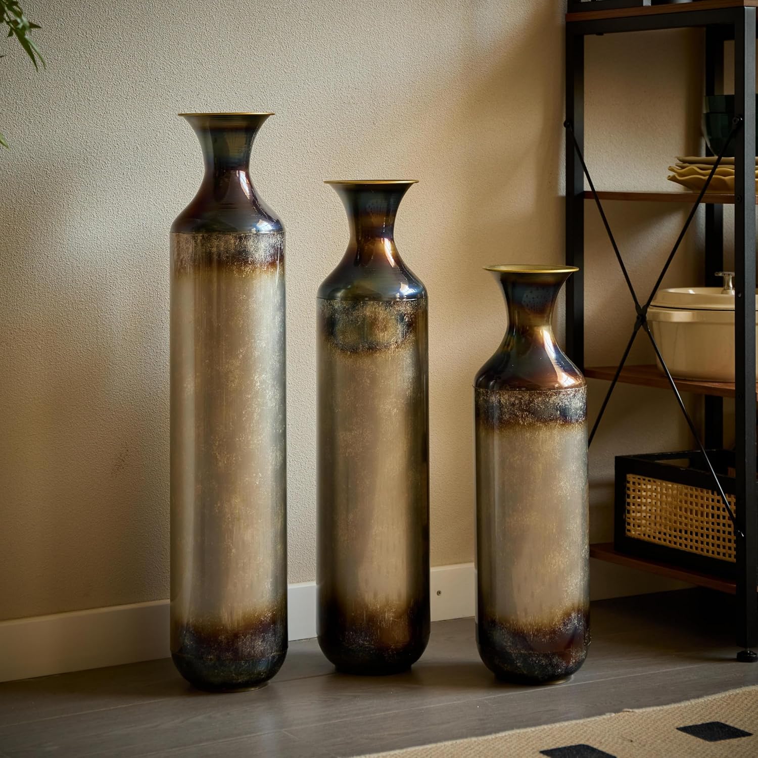 Tall Floor Vases Set of 3 - Modern White & Gold Metal Vases for Home Decor, Large Decorative Vase for Living Room, Entryway, Wedding & Centerpiece Display