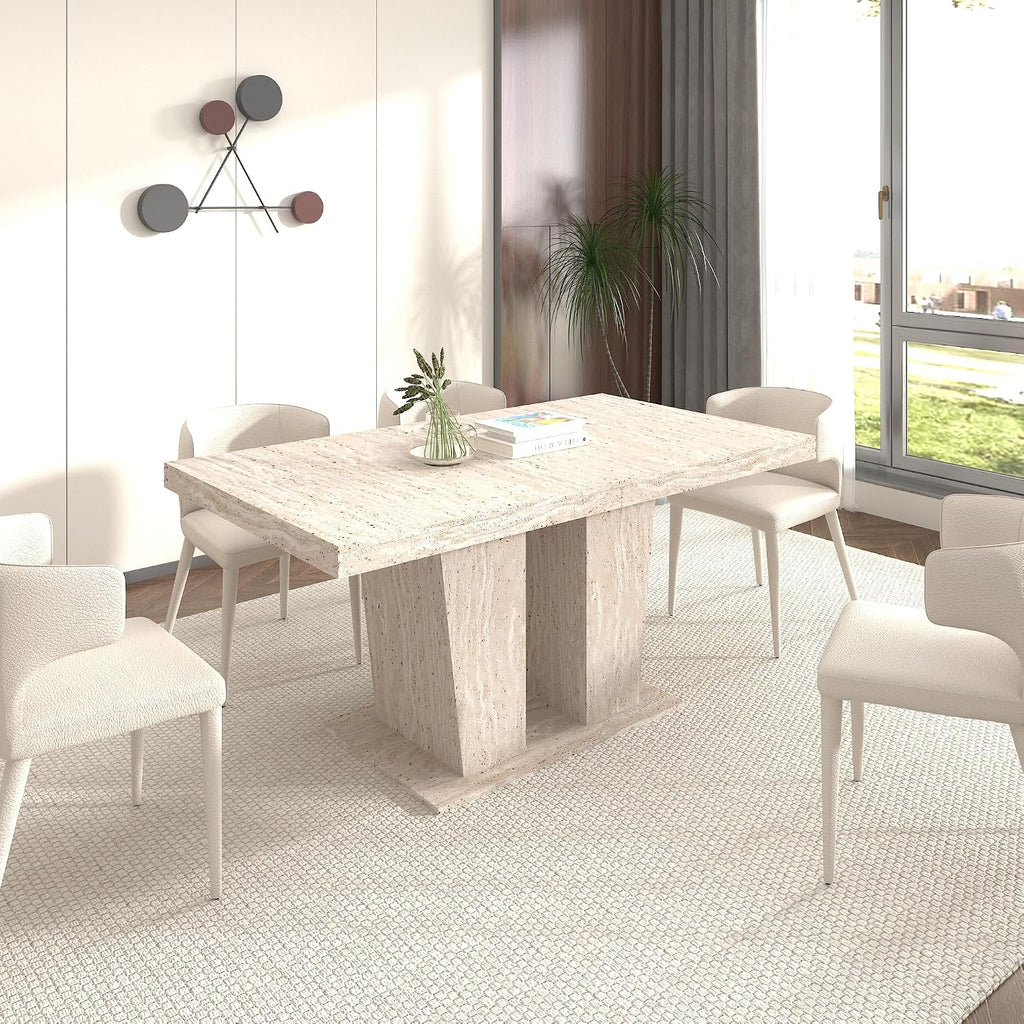 62.99' to 78.74' Extendable Rectangular Dining Table for 6-10 People,Kitchen Table with Veined Travertine Pattern for Family Living Room,Beige