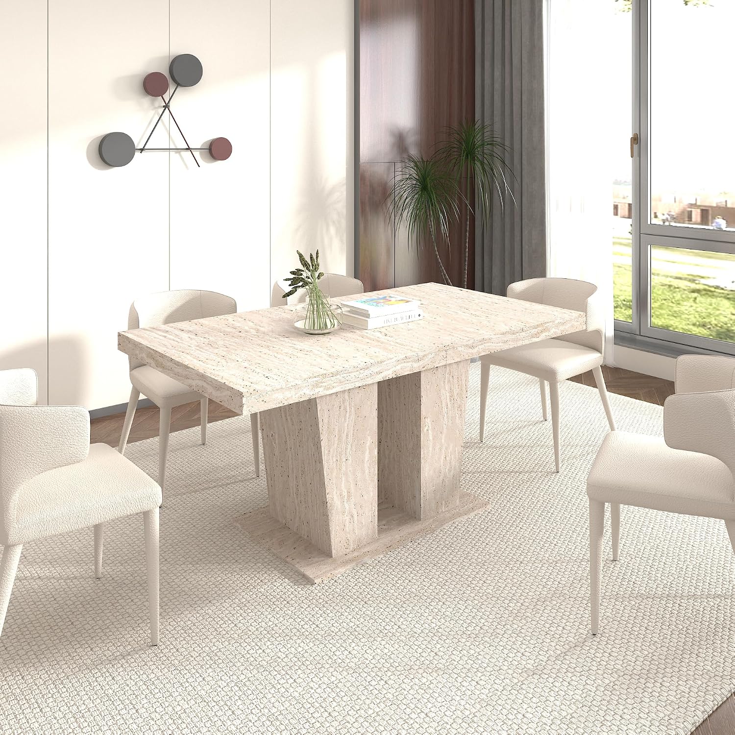 62.99' to 78.74' Extendable Rectangular Dining Table for 6-10 People,Kitchen Table with Veined Travertine Pattern for Family Living Room,Beige