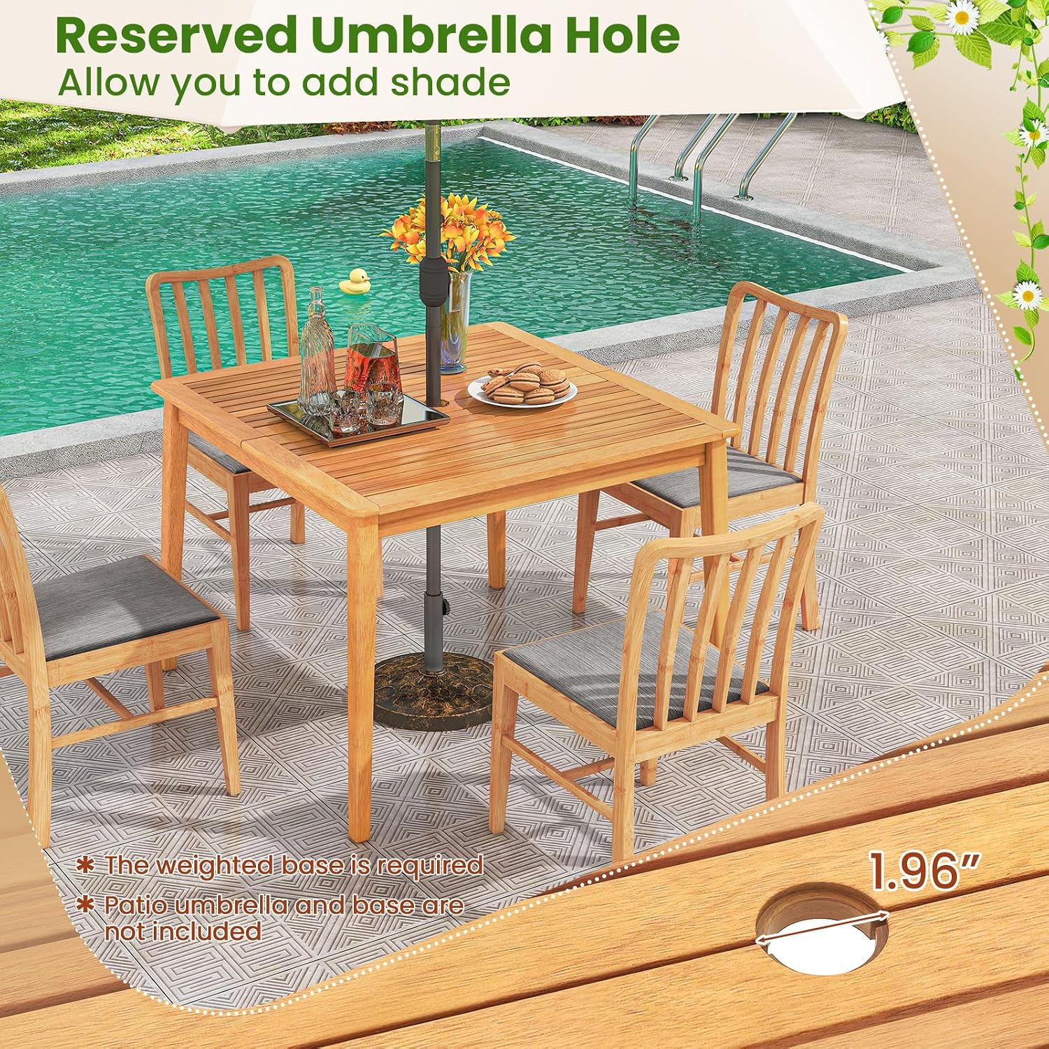 Tangkula 5 Piece Wood Outdoor Dining Set for 4, Rectangular Patio Acacia Wood Table Set with 4 Cushioned Chairs, Umbrella Hole, Heavy Duty Metal Frame for Deck Porch Backyard