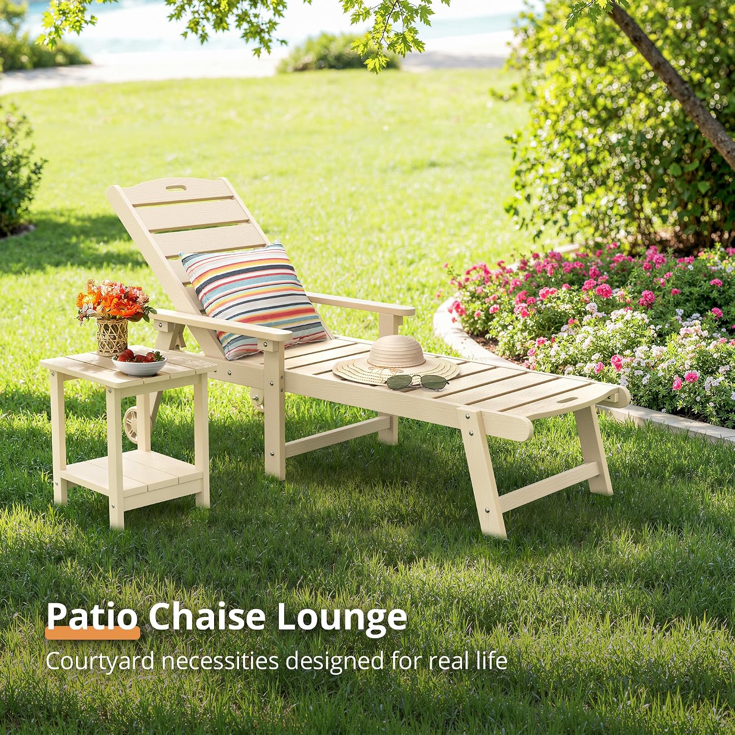 LUE BONA Chaise Lounge Chairs Set with Table, 3-Piece, 79'' Oversized HDPS Material, 5 Positions Adjustable Patio Lounge Chairs, Pool Lounge Chair with Wheels for Poolside, 3-Year Warranty, Sand