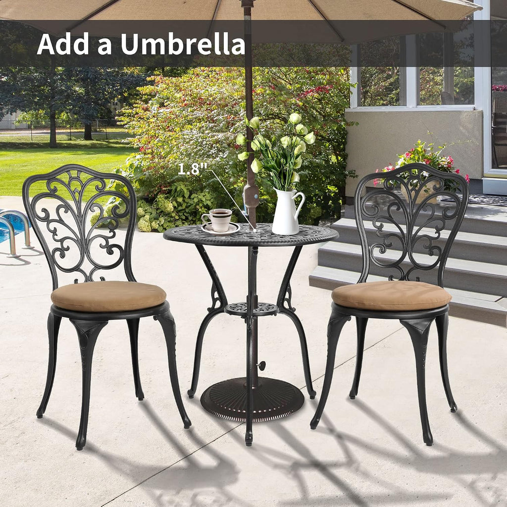 HOMEFUN Bistro Table and Chairs Set of 2 Outdoor 3 Piece Patio Set with Cushion Butterfly Pattern Cast Aluminum Bistro for Garden Balcony, Durable Rust All-Weather Resistance