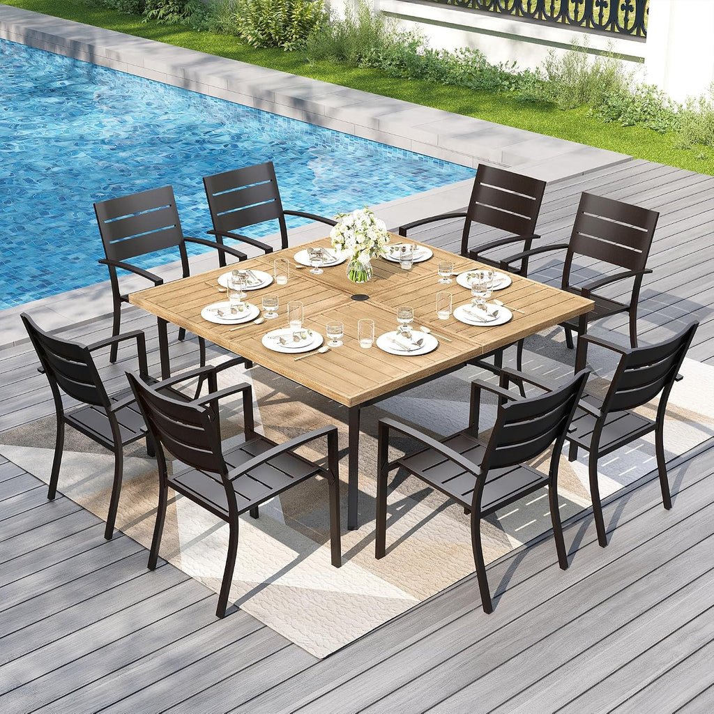 PHI VILLA 57.5' Outdoor Patio Table for 8 Person, Large Square Metal Steel Dining Table with Umbrella Hole, Weather-Resistant Wood-Like Table for Deck Backyards Porch, Brown