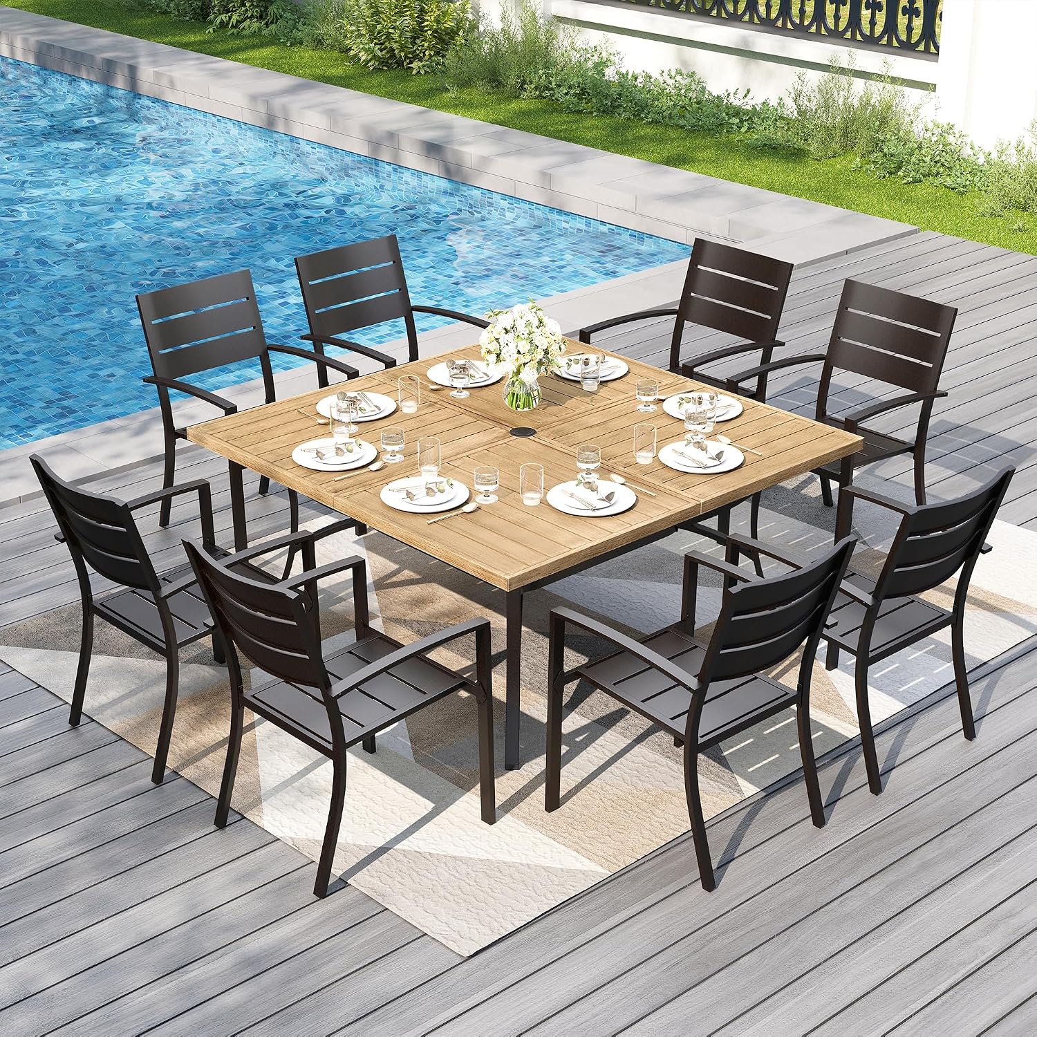PHI VILLA 57.5' Outdoor Patio Table for 8 Person, Large Square Metal Steel Dining Table with Umbrella Hole, Weather-Resistant Wood-Like Table for Deck Backyards Porch, Brown